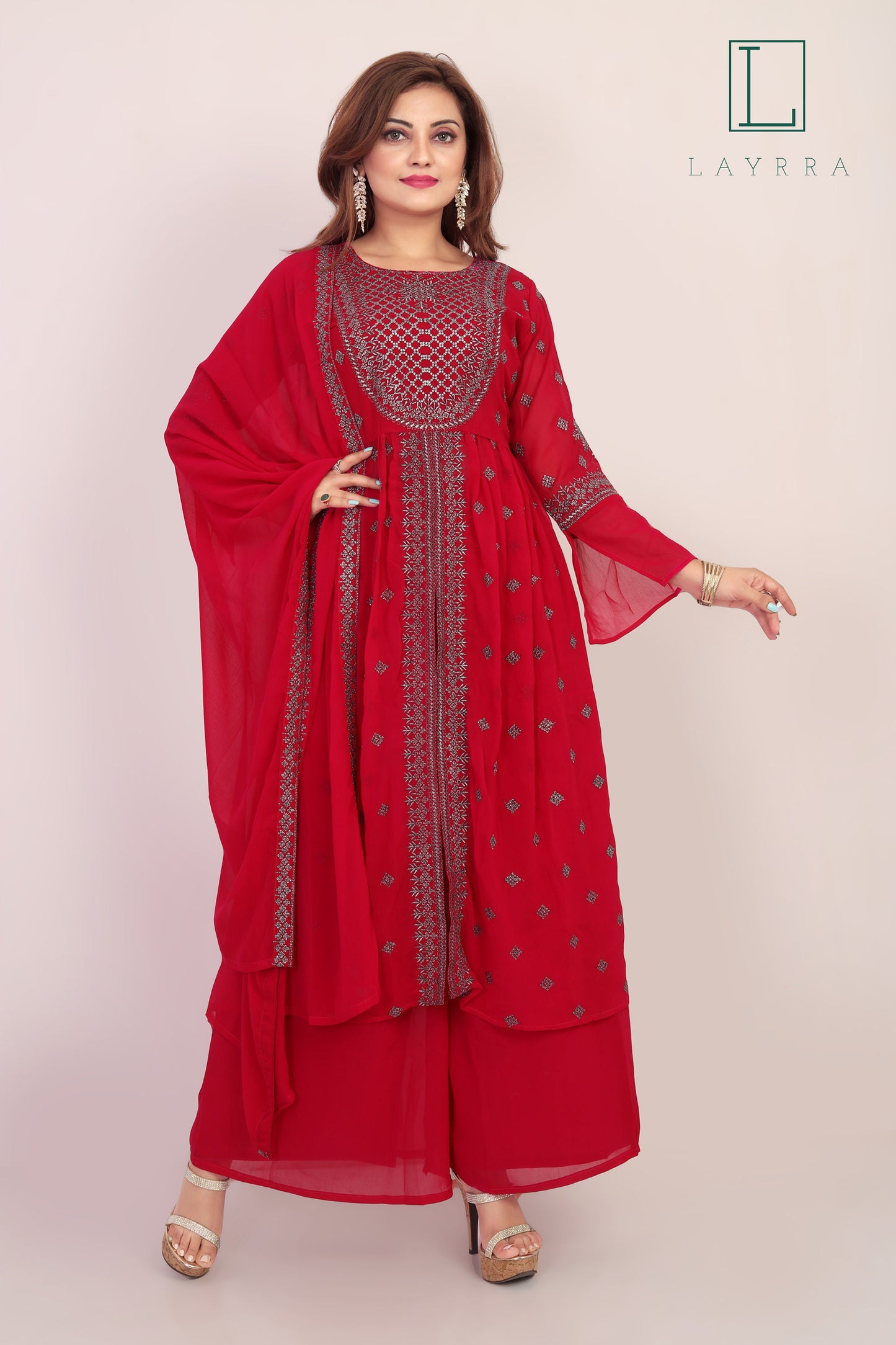 Women Wine Red & Silver Ethnic Embroidered Kurta with Palazzos and with Dupatta - Complete Set
