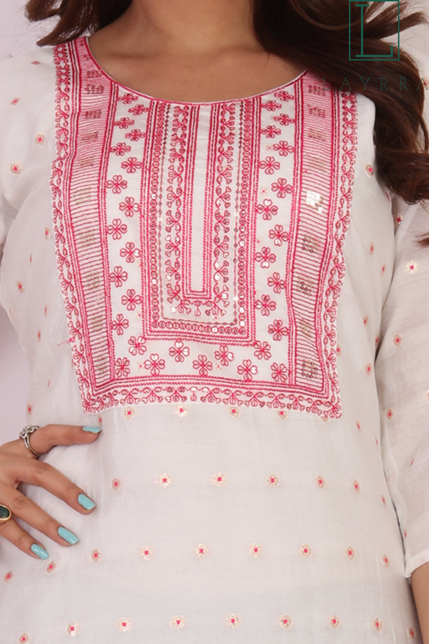 Women White Pink & Gold Motifs Sequinned Embroidered Kurta with Trousers