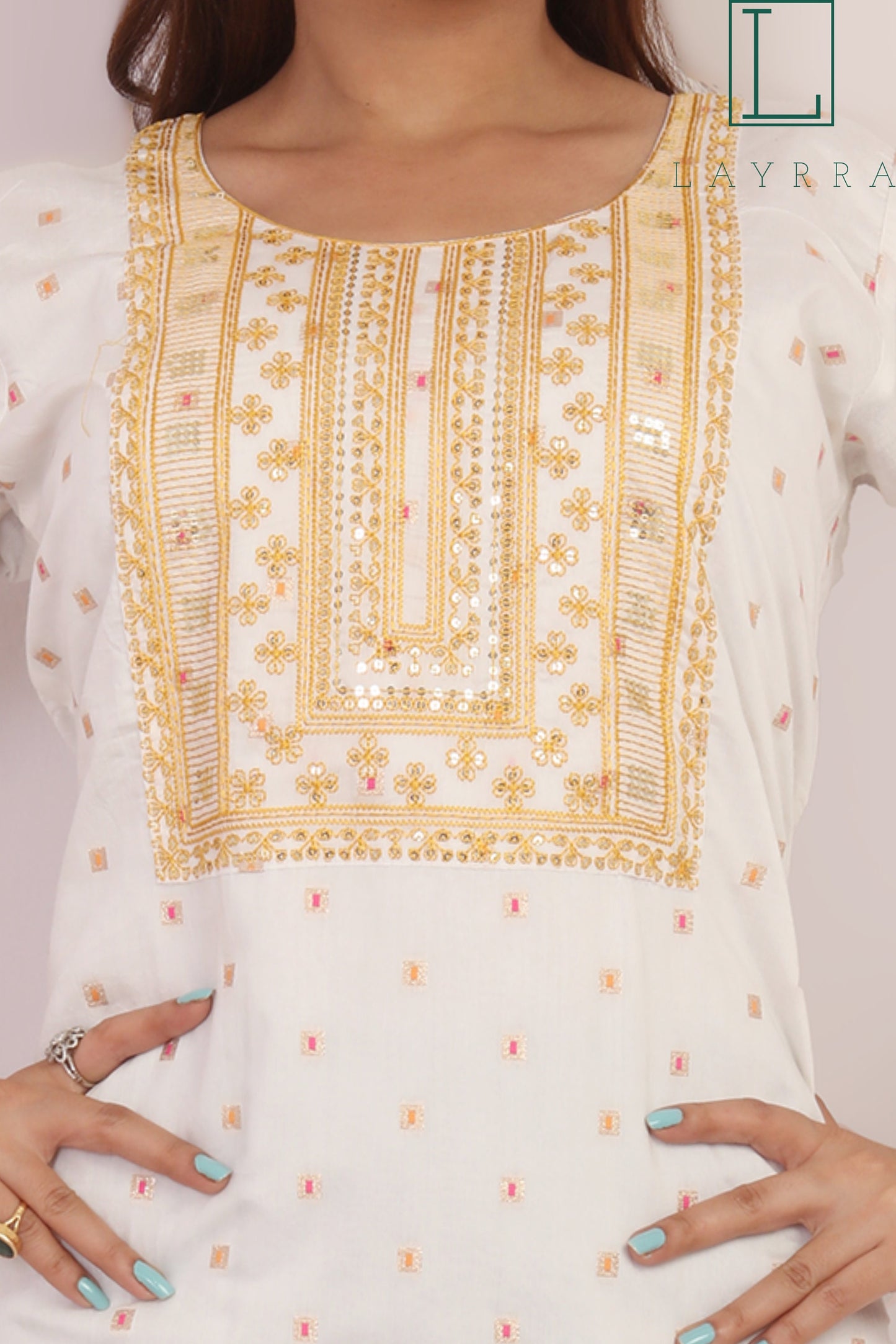 Women White Yellow & Gold Motifs Sequinned Embroidered Kurta with Trousers