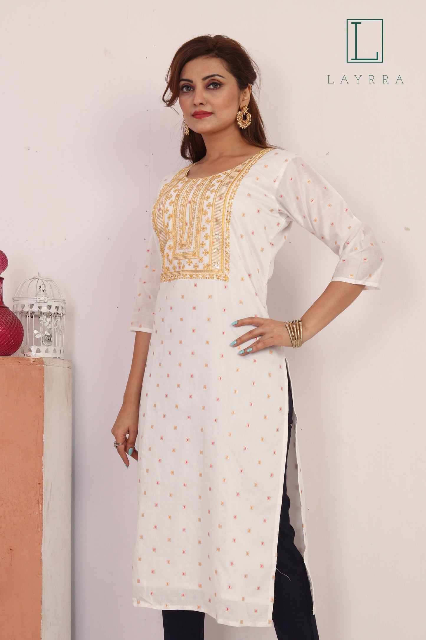 Women White Yellow & Gold Motifs Sequinned Embroidered Kurta with Trousers