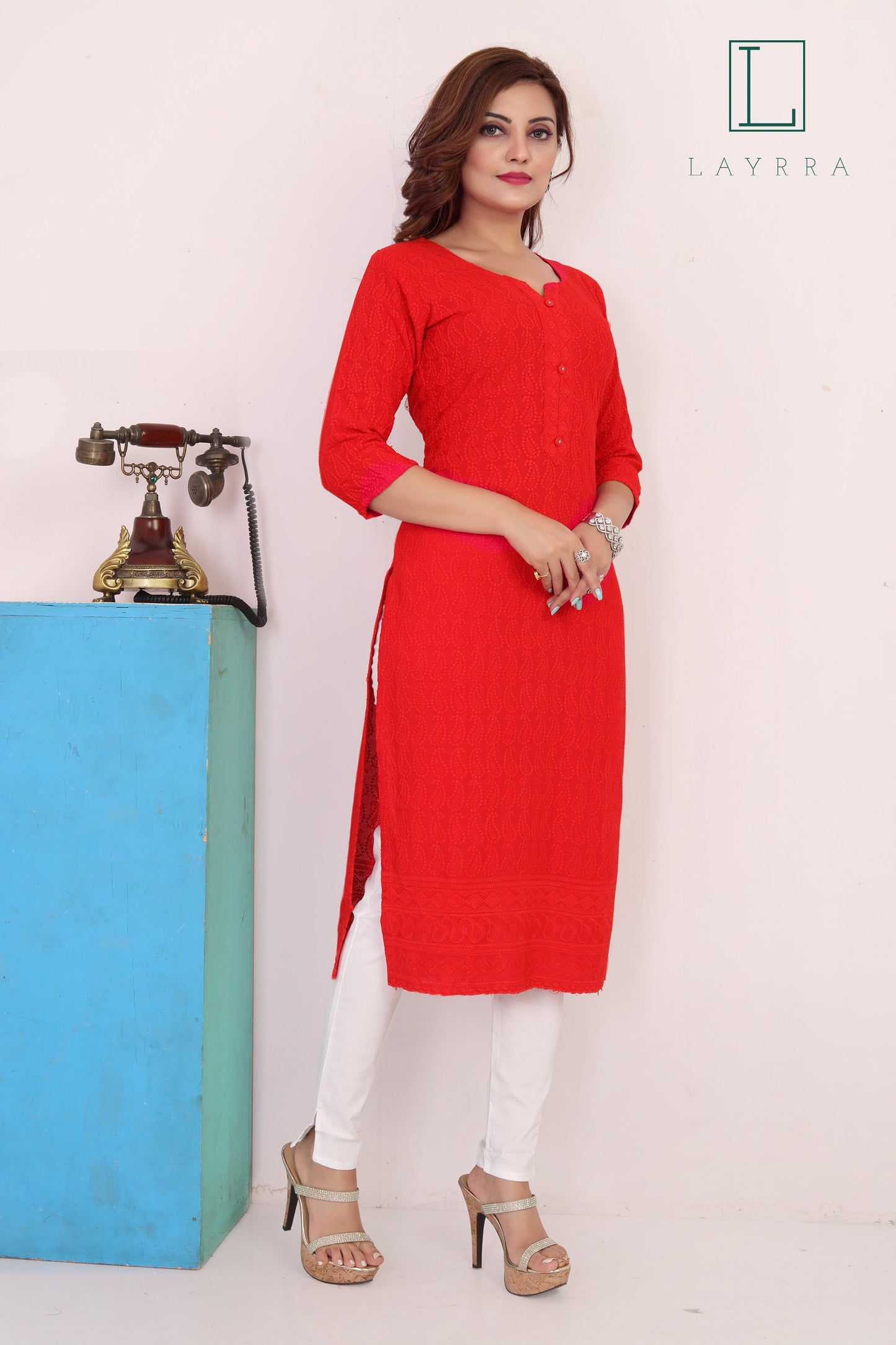 Women Red Ethnic Motifs Embroidered Kurta with Trousers