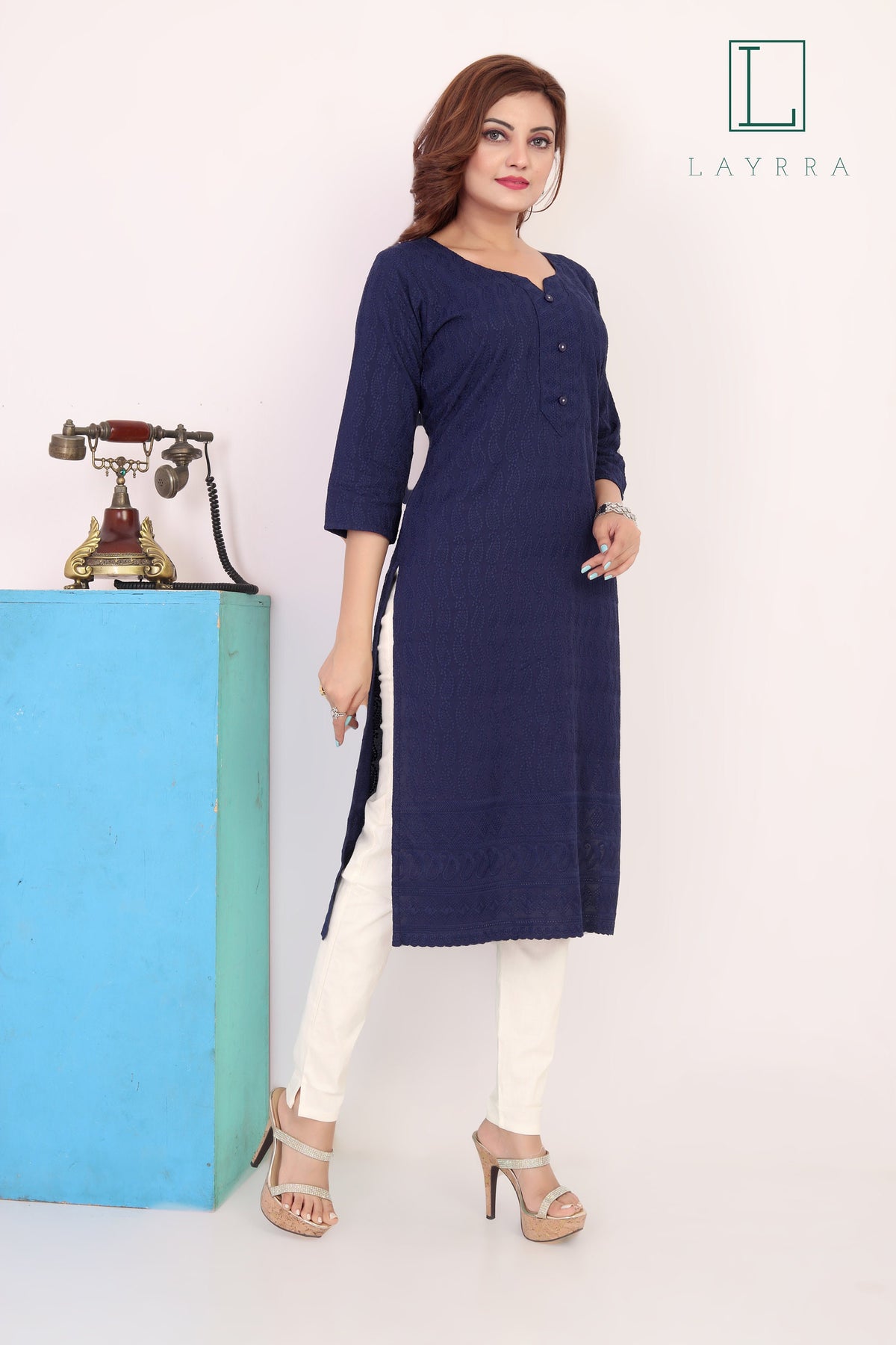 Women Navy Blue Ethnic Motifs Embroidered Kurta with Trousers