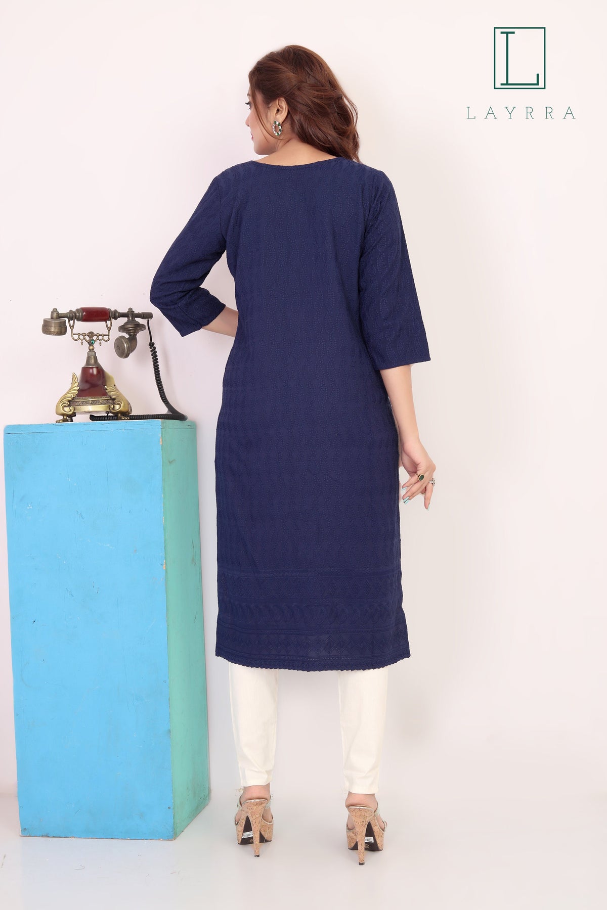 Women Navy Blue Ethnic Motifs Embroidered Kurta with Trousers