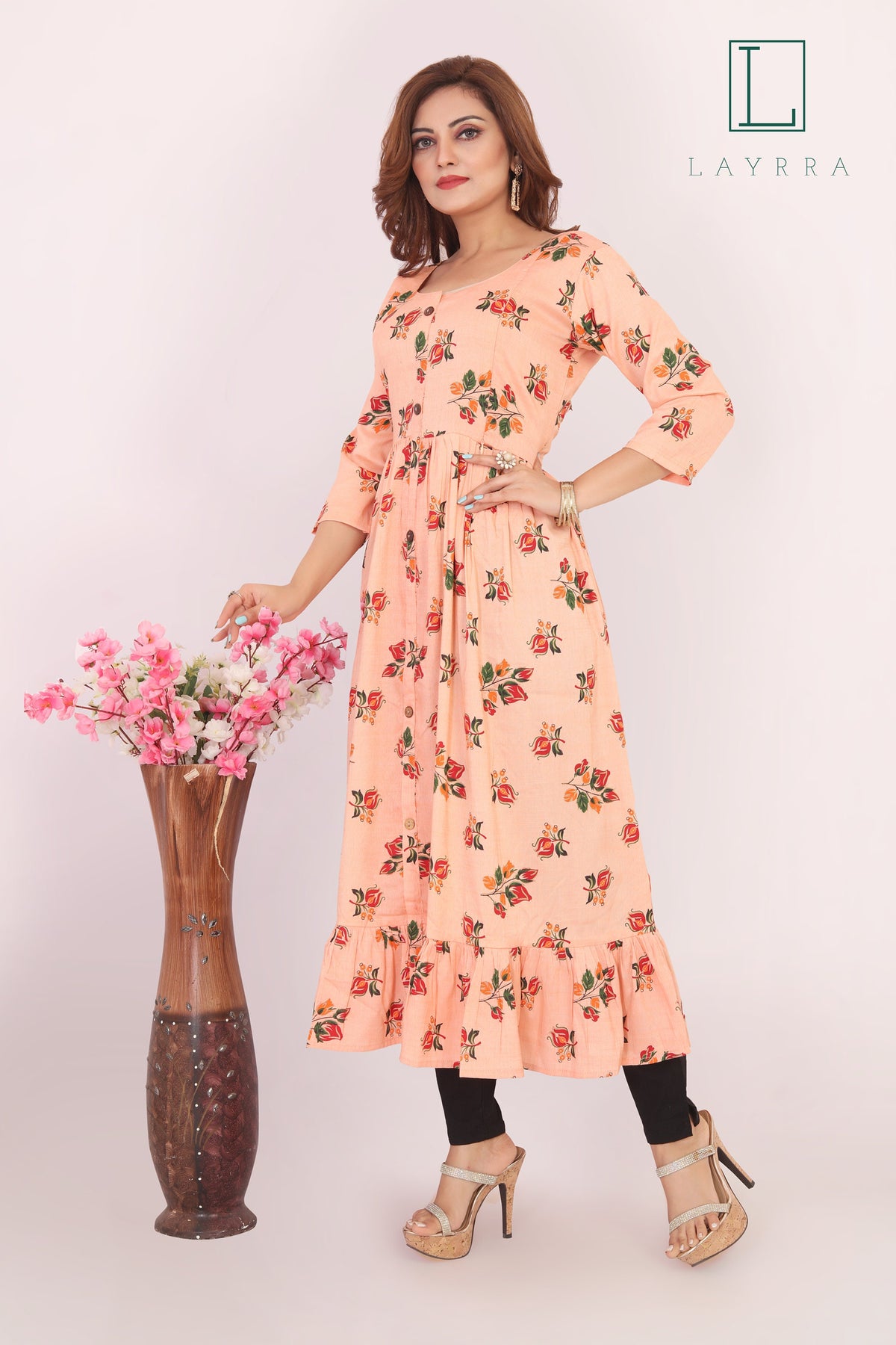 Women Peach Ethnic Floral Print Anarkarli Kurta with Trousers