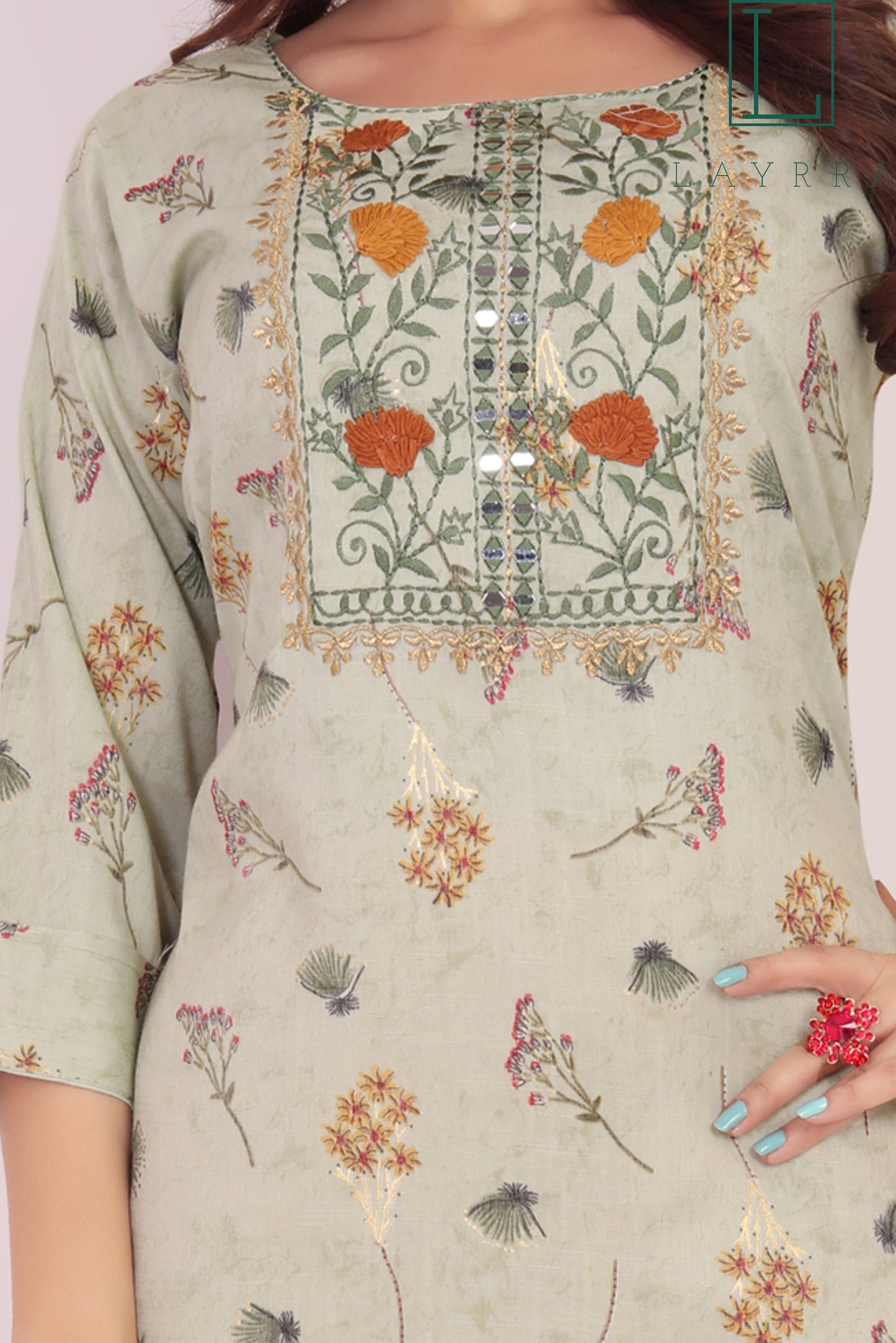 Women Tea Green Ethnic Floral Print Embroidered Mirror work Kurta with Trousers