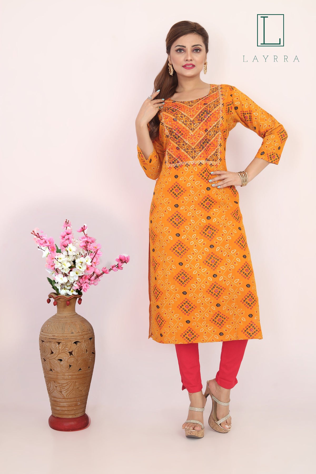 Women Orange Ethnic Bandhani Print Motifs Embroidered Kurta with Trousers