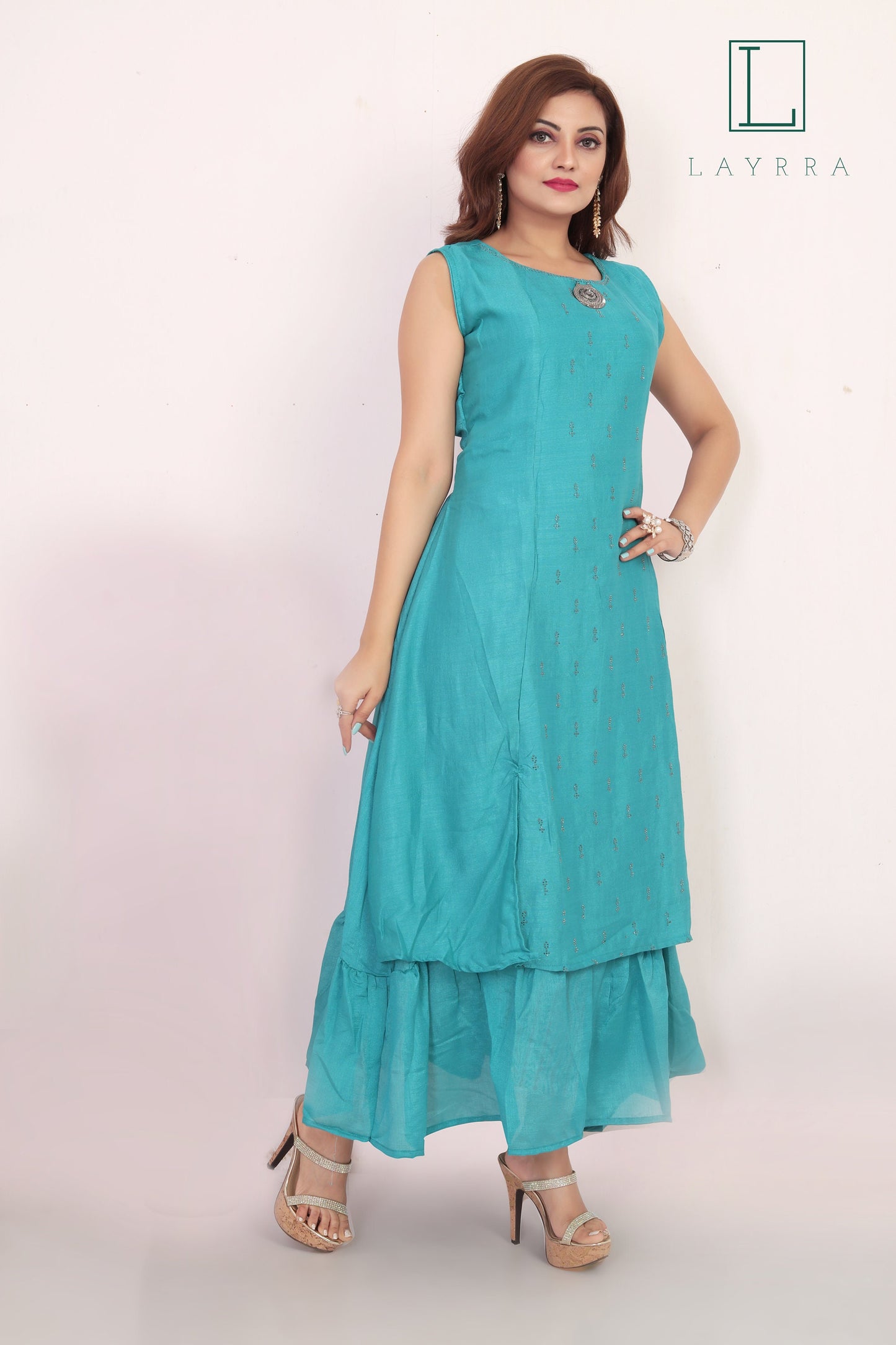 Women Turquoise Ethnic Motifs Zari work Anarkali Kurta - Complete Set