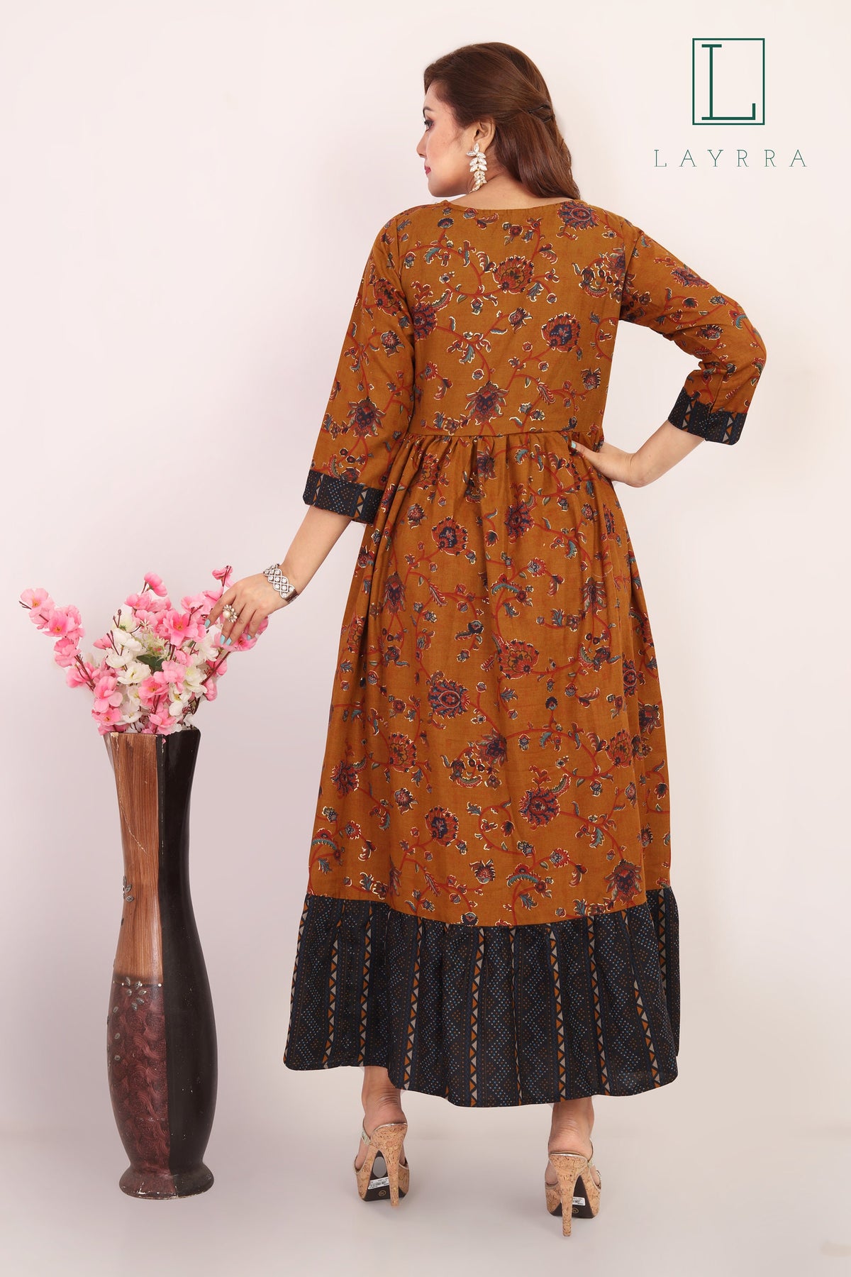 Women Brown Blue Ethnic Floral Print Mirror work Anarkali Kurta - Complete Set
