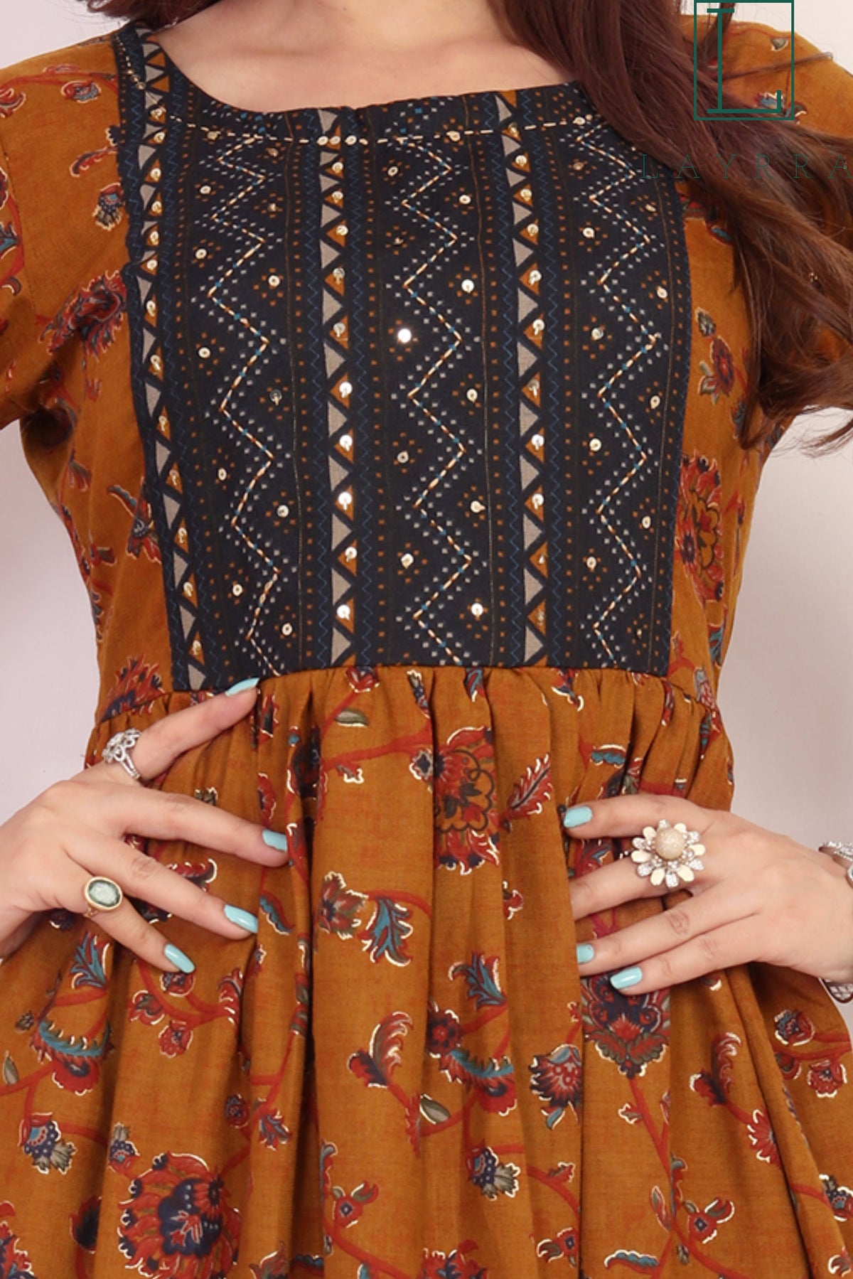 Women Brown Blue Ethnic Floral Print Mirror work Anarkali Kurta - Complete Set