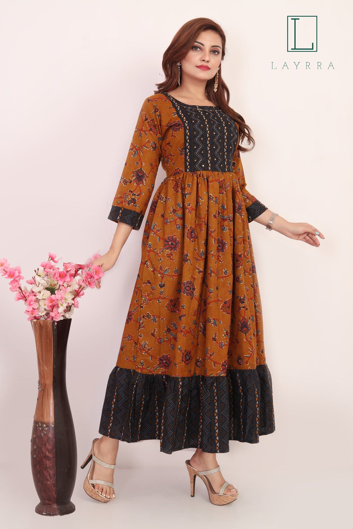 Women Brown Blue Ethnic Floral Print Mirror work Anarkali Kurta - Complete Set