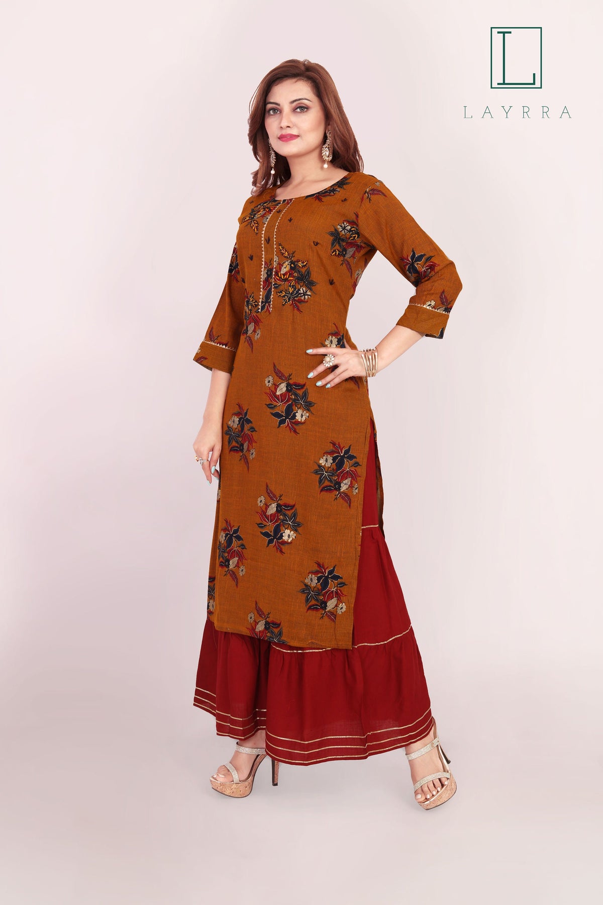Women Cinnamon Brown Ethnic Floral Print Kurta with Palazzos - Complete Set
