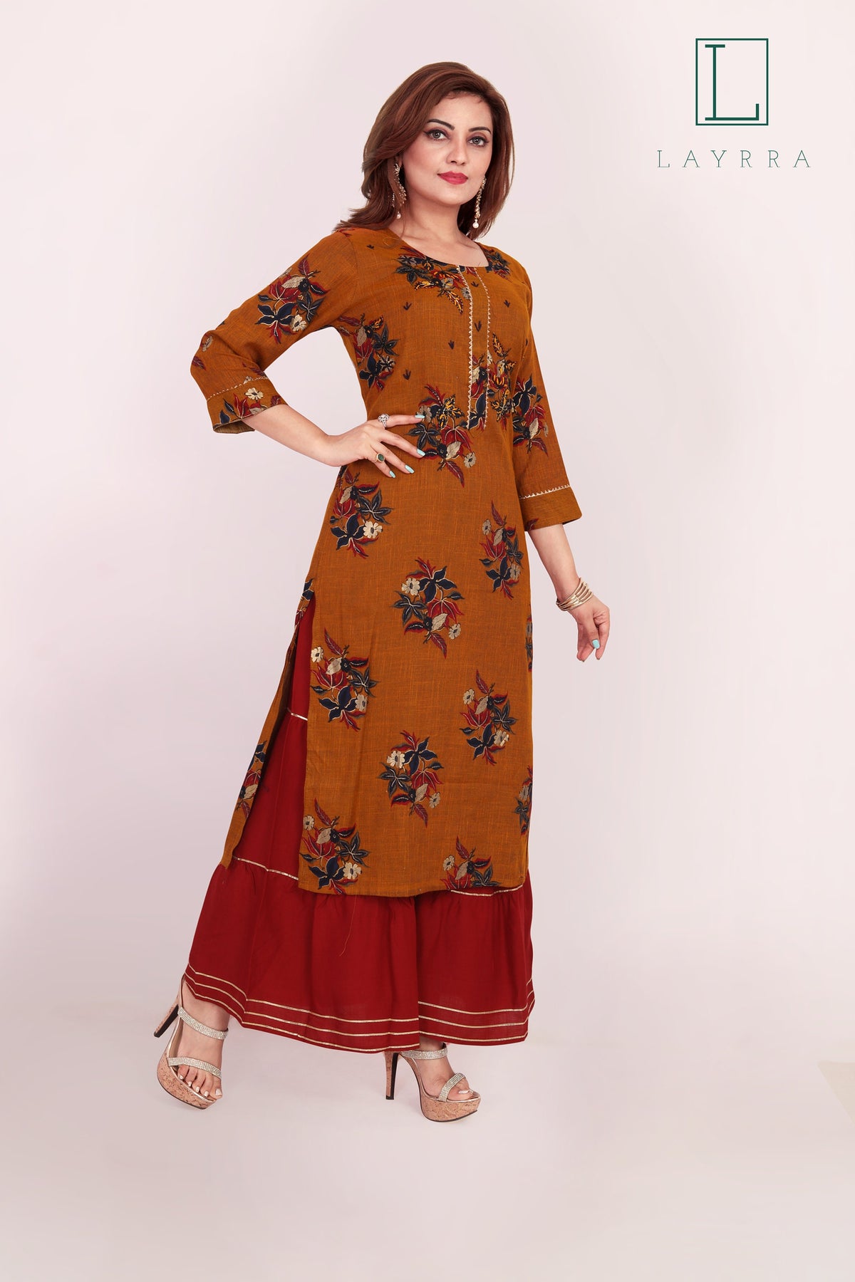 Women Cinnamon Brown Ethnic Floral Print Kurta with Palazzos - Complete Set