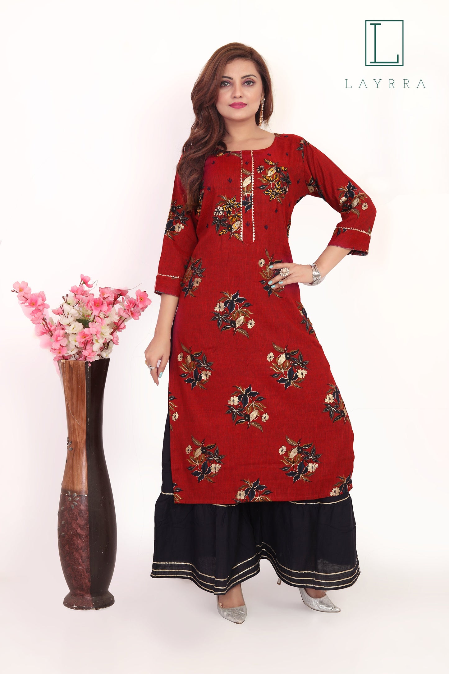 Women Ruby Red Ethnic Floral Print Kurta with Palazzos - Complete Set
