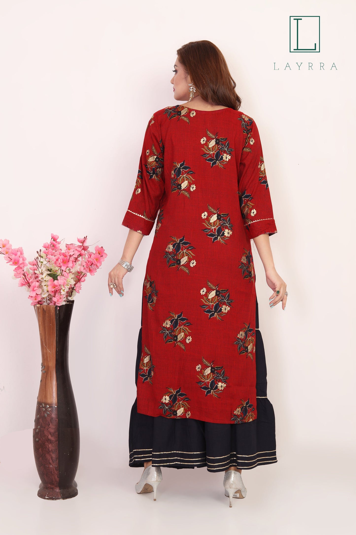 Women Ruby Red Ethnic Floral Print Kurta with Palazzos - Complete Set