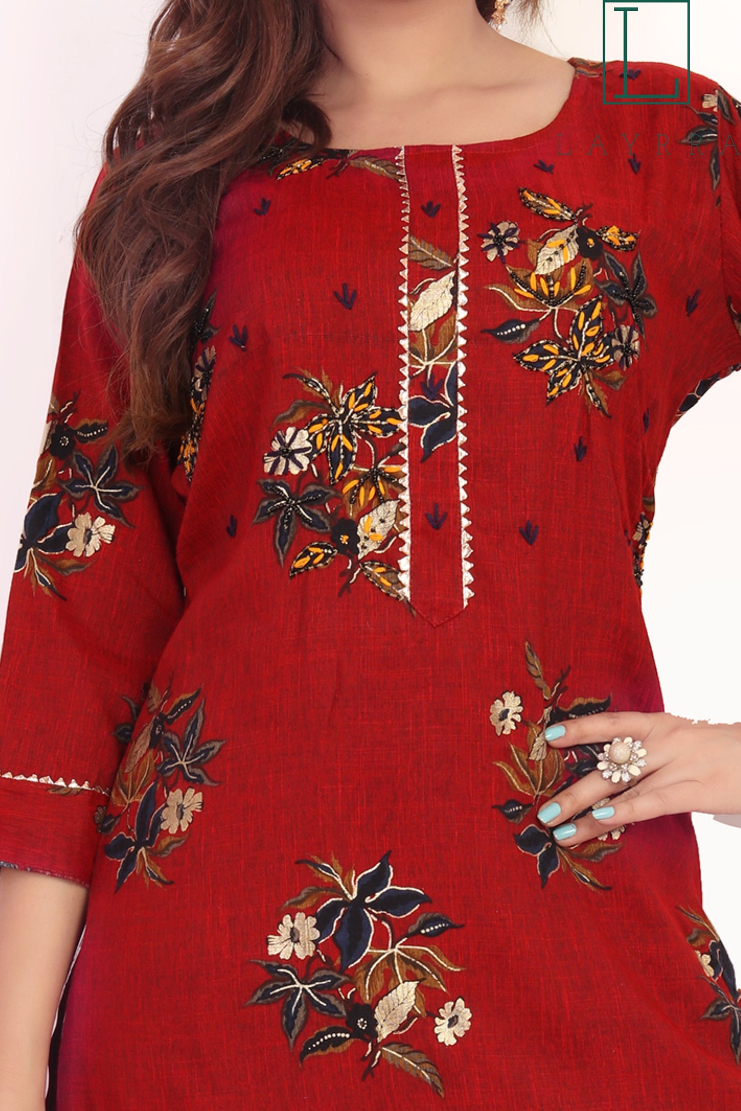 Women Ruby Red Ethnic Floral Print Kurta with Palazzos - Complete Set