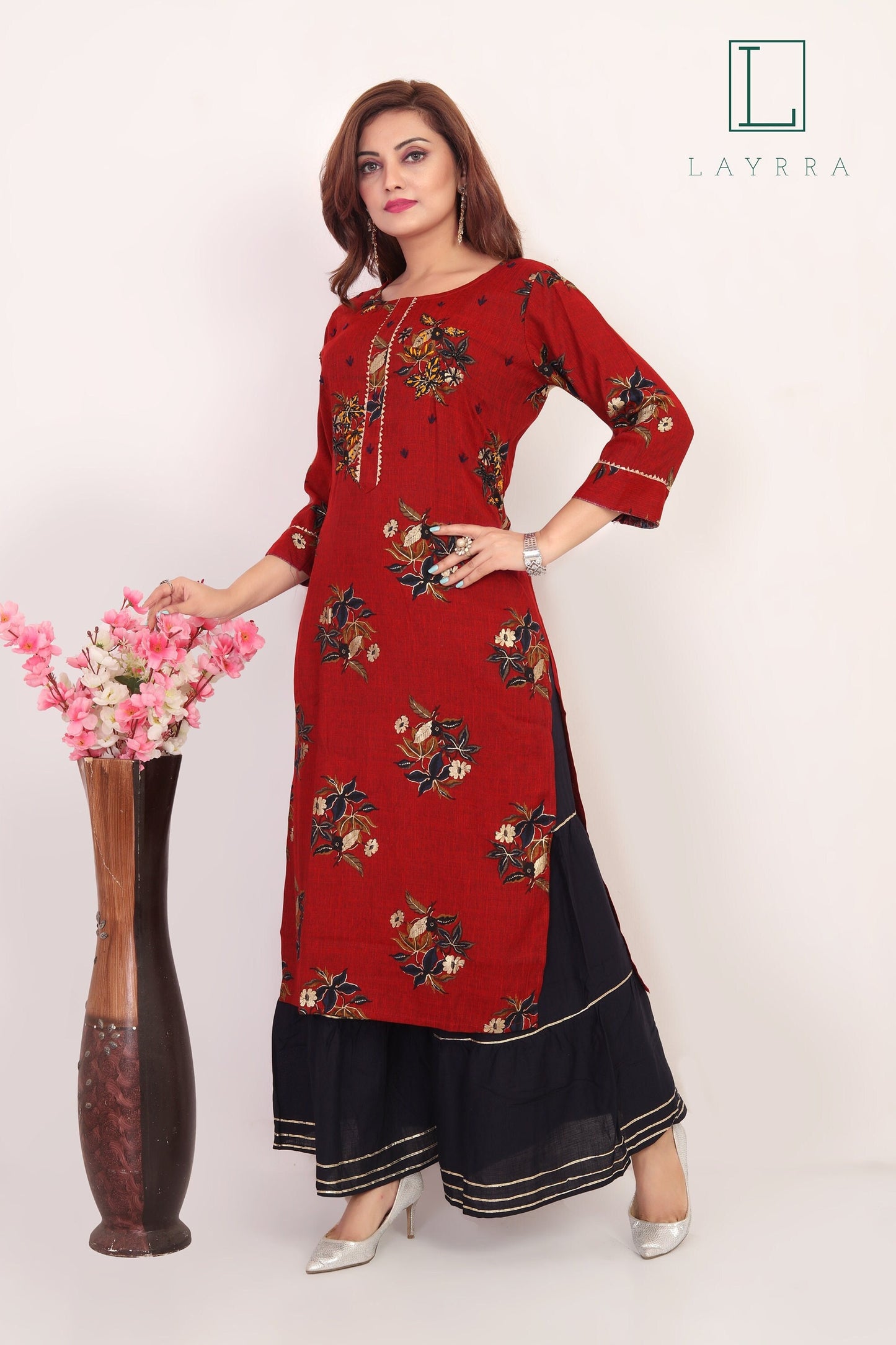 Women Ruby Red Ethnic Floral Print Kurta with Palazzos - Complete Set