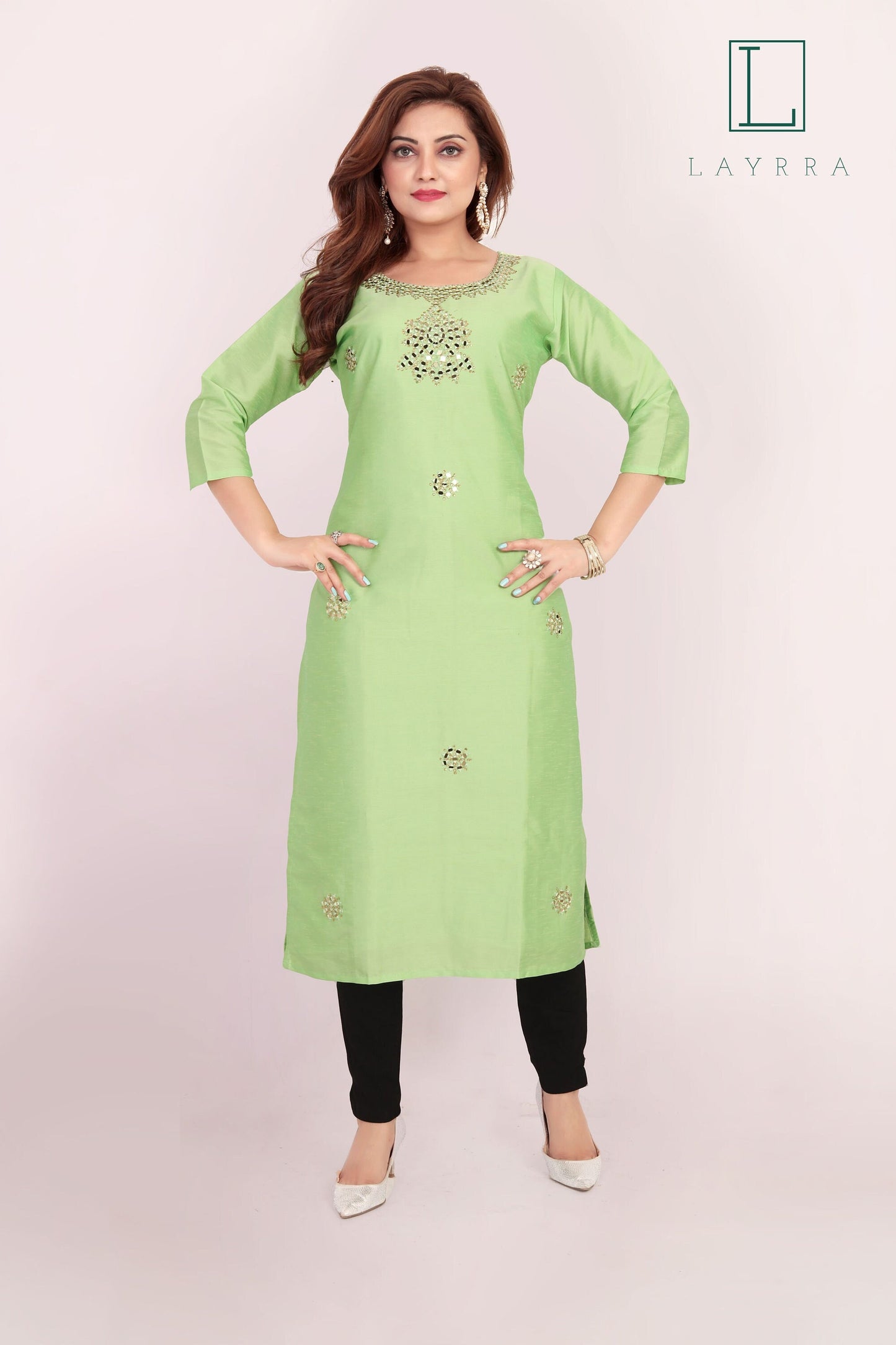 Women Pista Green Ethnic Motifs Mirror work Kurta with Trousers