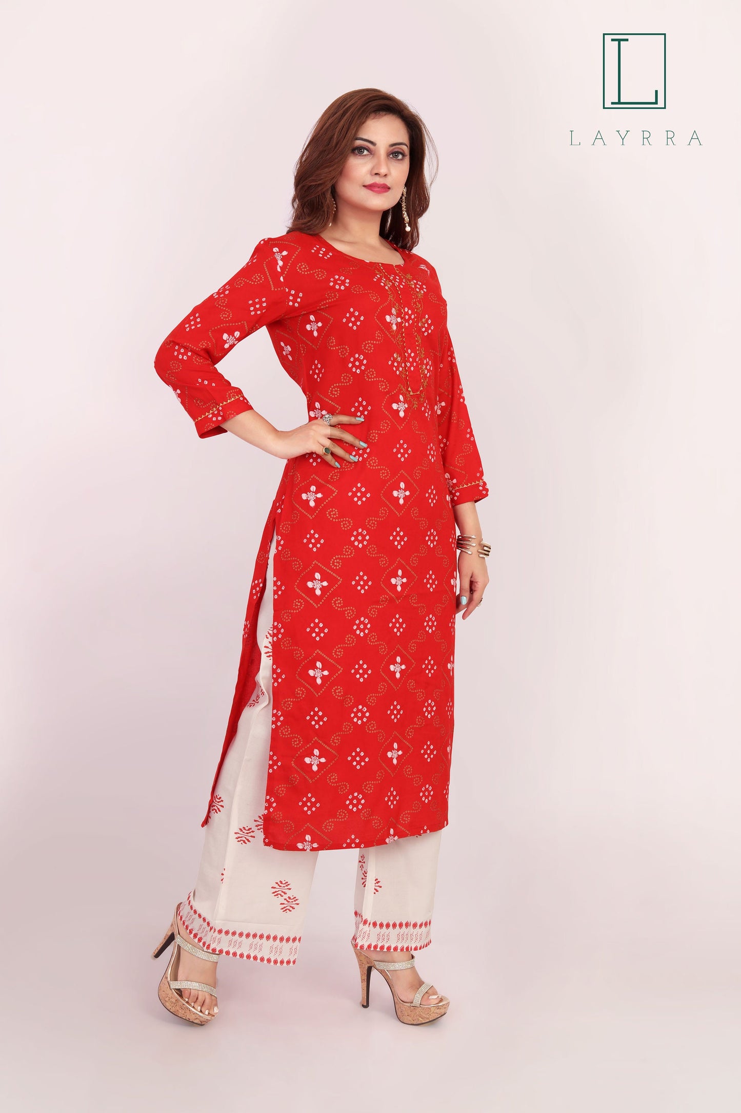 Women Red Ethnic Bandhani Diamond Print Kurta with Palazzos - Complete Set