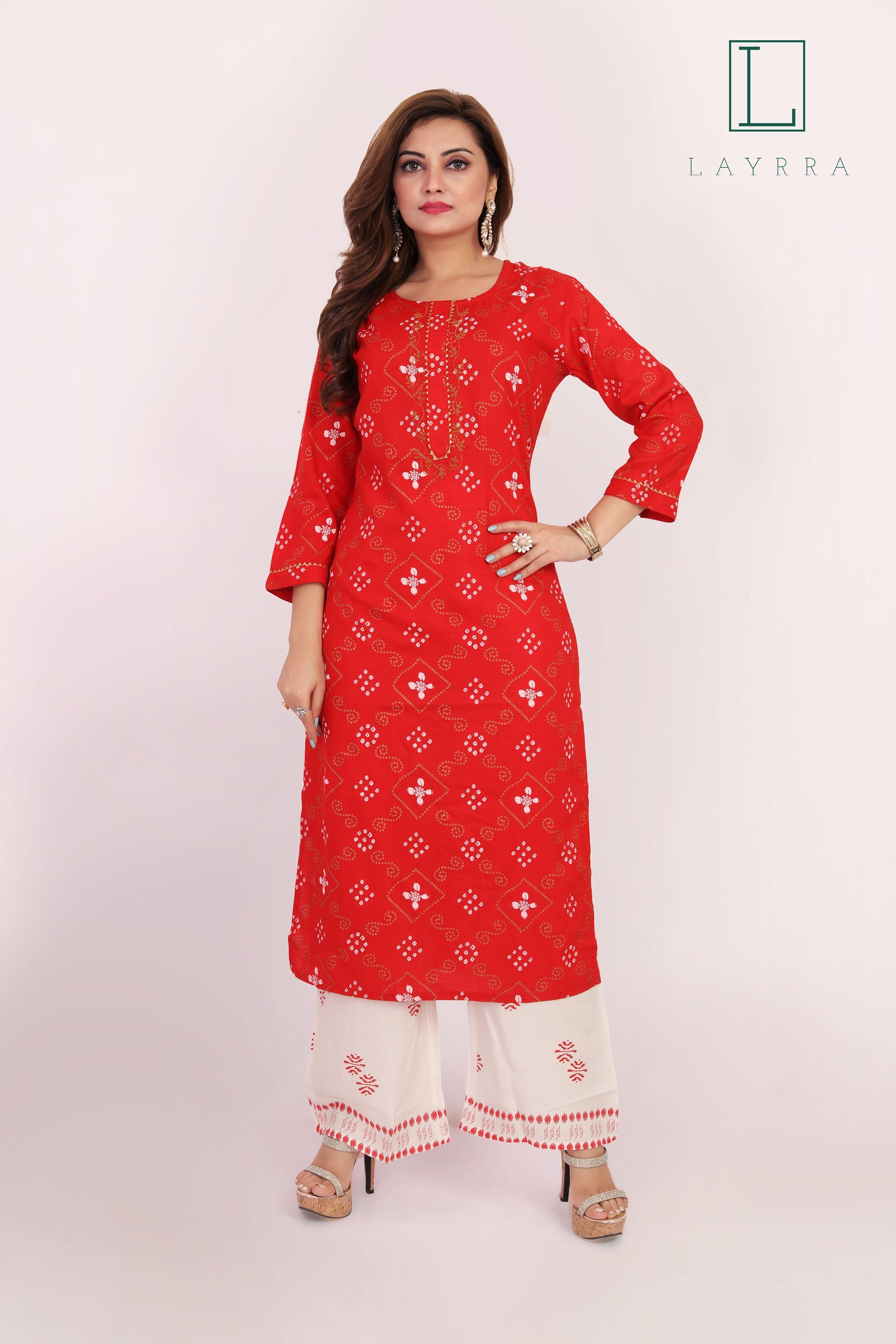 Women Rayon Bandhani Casual And Party Wear Embellished Work Kurtis Palazzo  Set In Mandarin Collar with 3/4 Sleeves