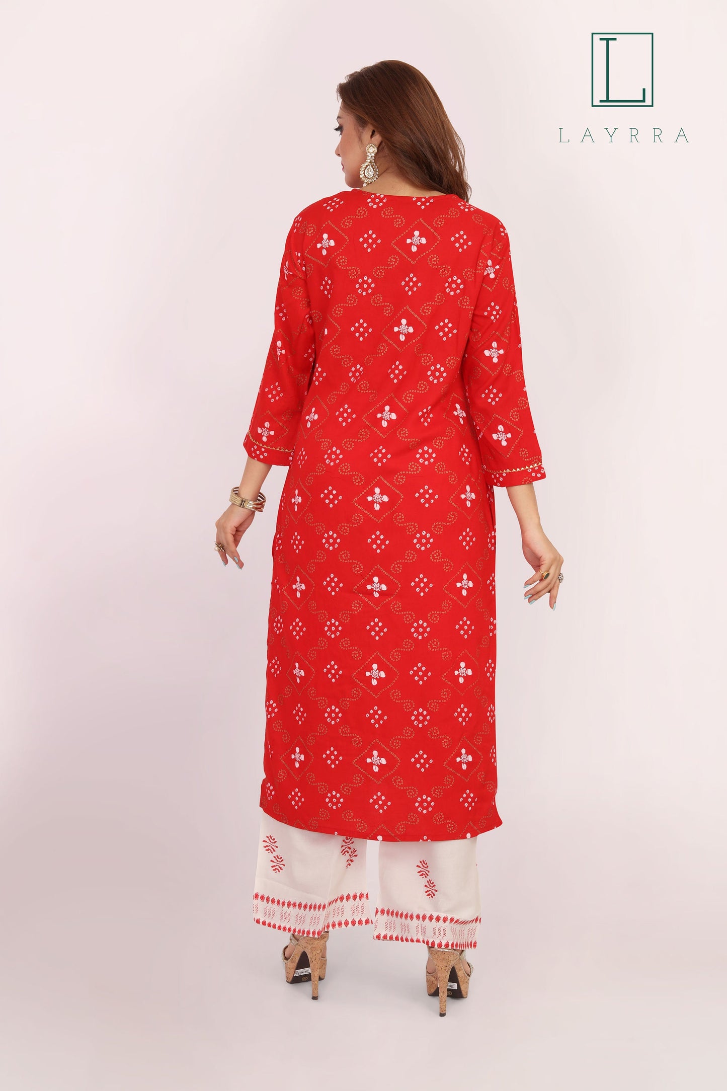 Women Red Ethnic Bandhani Diamond Print Kurta with Palazzos - Complete Set