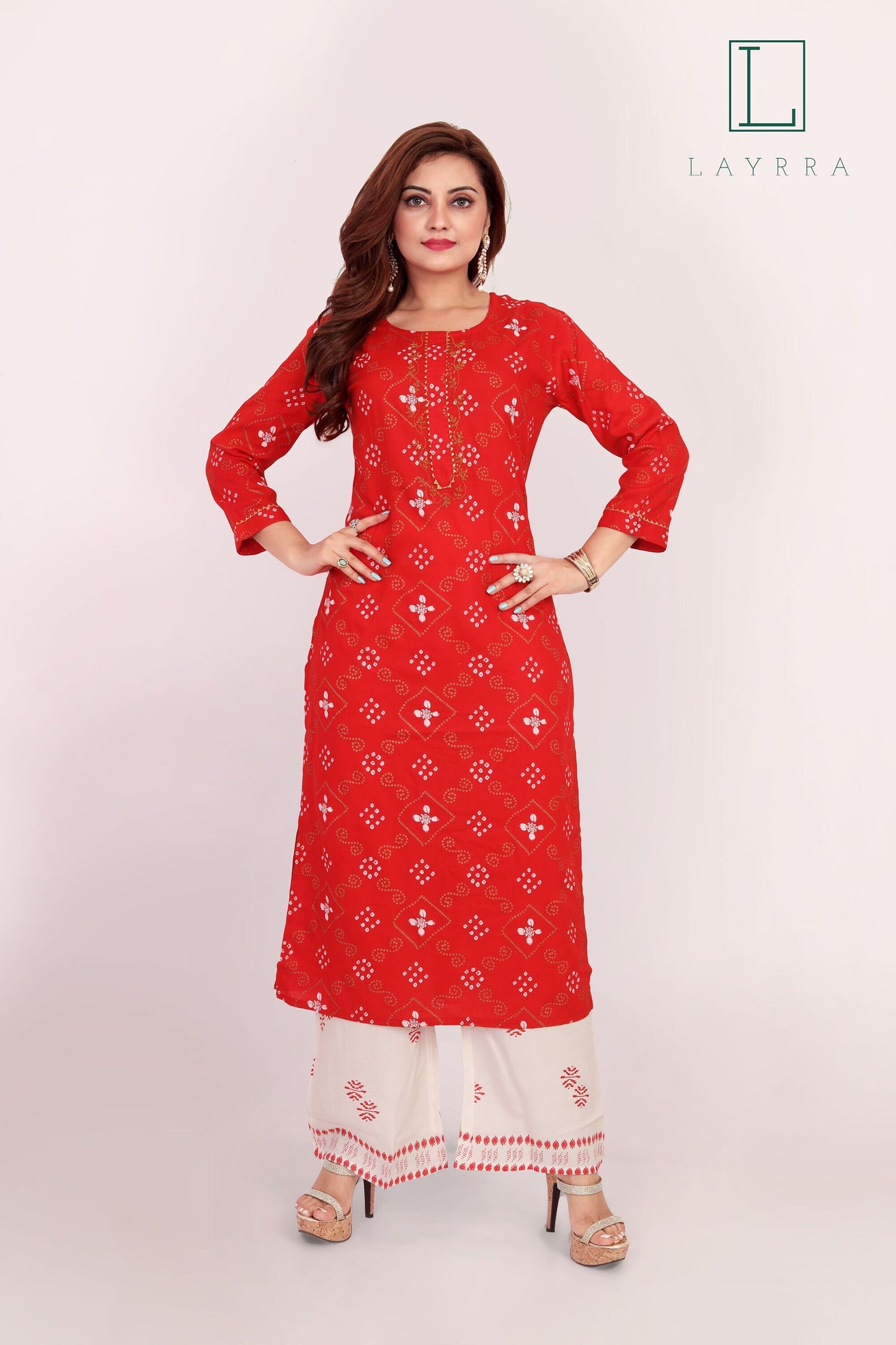Women Red Ethnic Bandhani Diamond Print Kurta with Palazzos - Complete Set