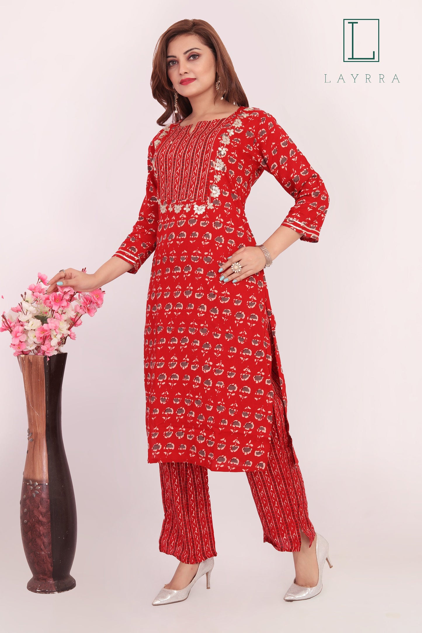 Women Red Ethnic Motifs Print Floral Embroidered Kurta with Palazzos - Complete Set
