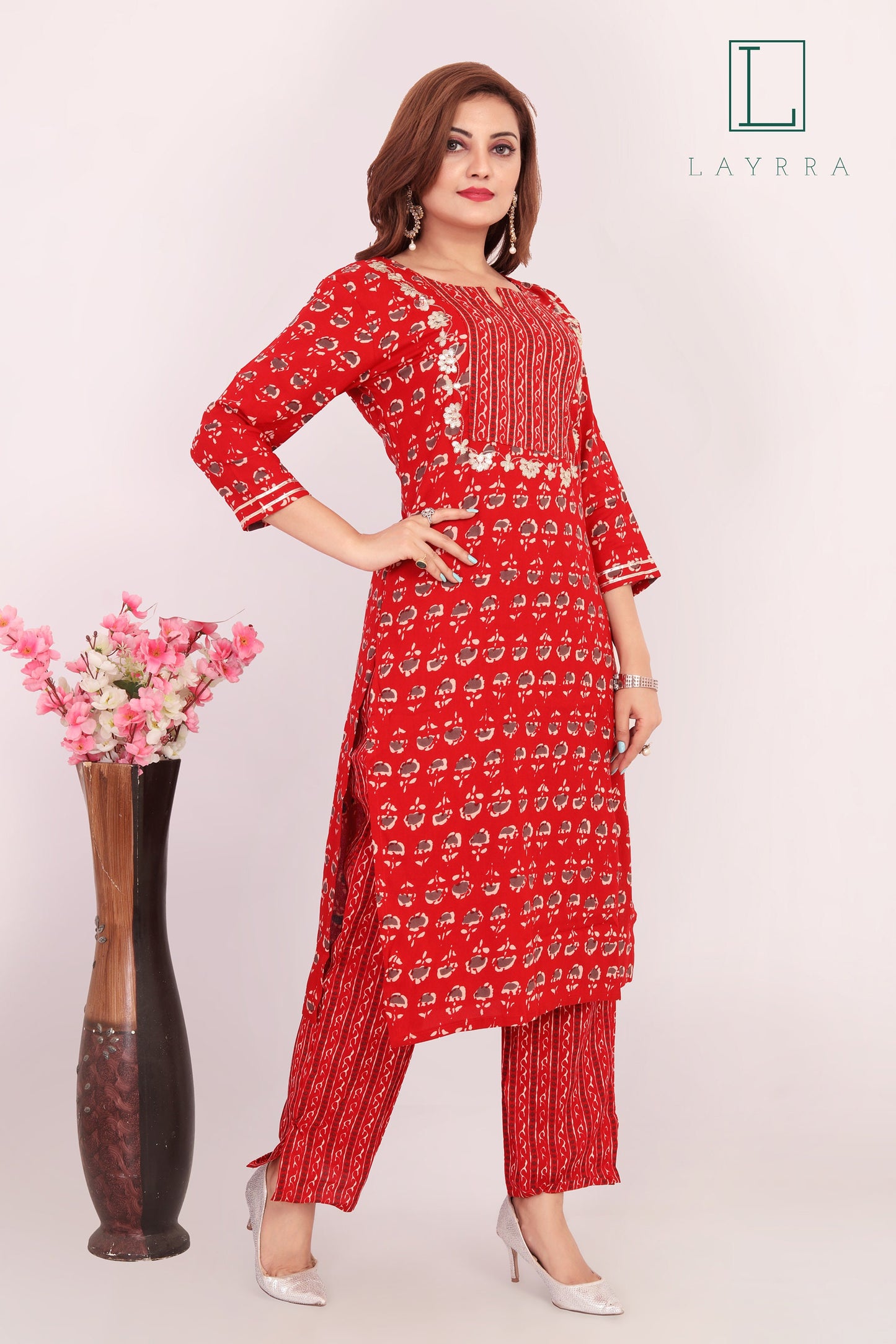 Women Red Ethnic Motifs Print Floral Embroidered Kurta with Palazzos - Complete Set