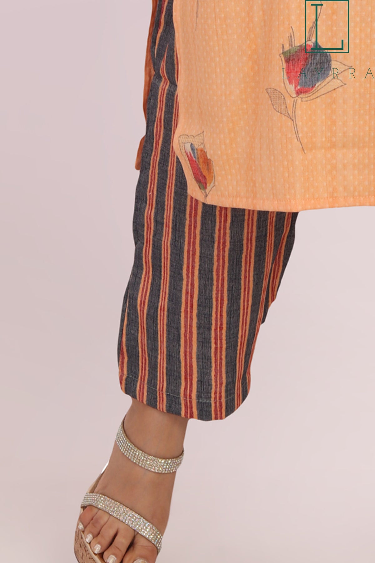 Women Peach Ethnic Floral Embroidered Hand Zari work Kurta with Pants - Complete Set