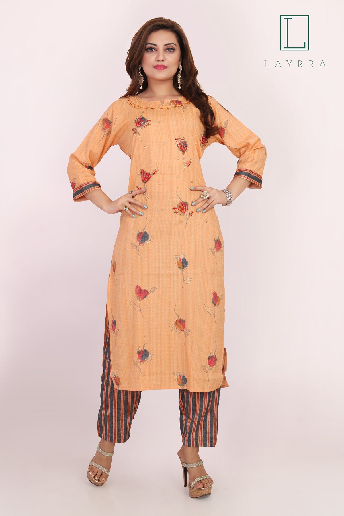 Women Peach Ethnic Floral Embroidered Hand Zari work Kurta with Pants - Complete Set