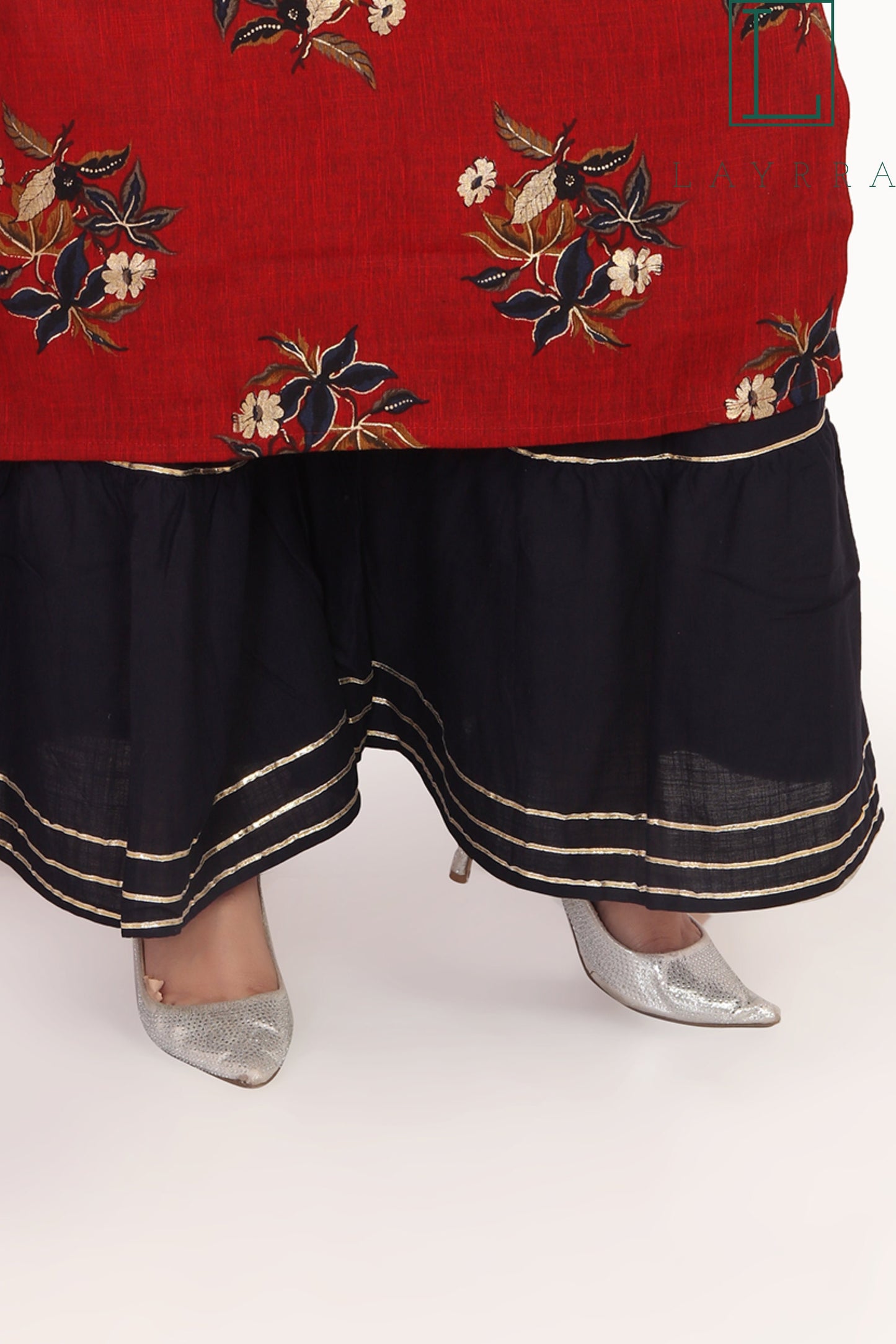 Women Ruby Red Ethnic Floral Print Kurta with Palazzos - Complete Set