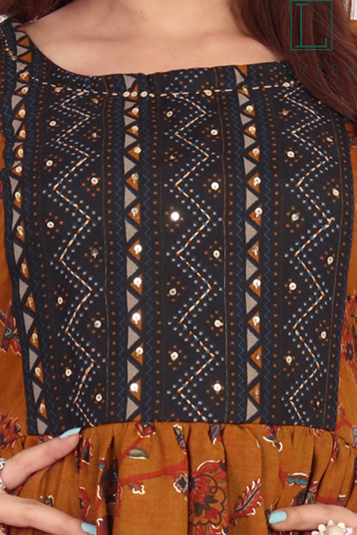 Women Brown Blue Ethnic Floral Print Mirror work Anarkali Kurta - Complete Set