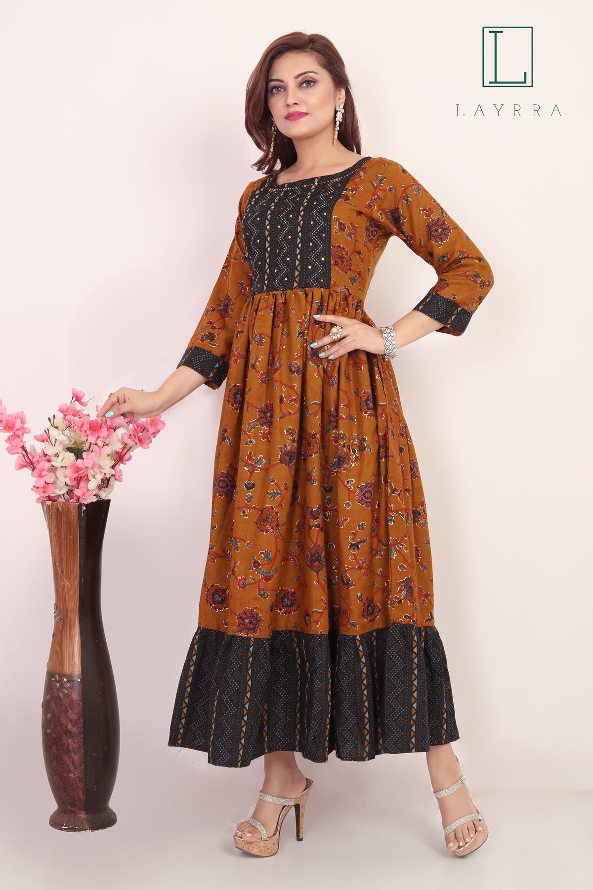 Women Brown Blue Ethnic Floral Print Mirror work Anarkali Kurta - Complete Set