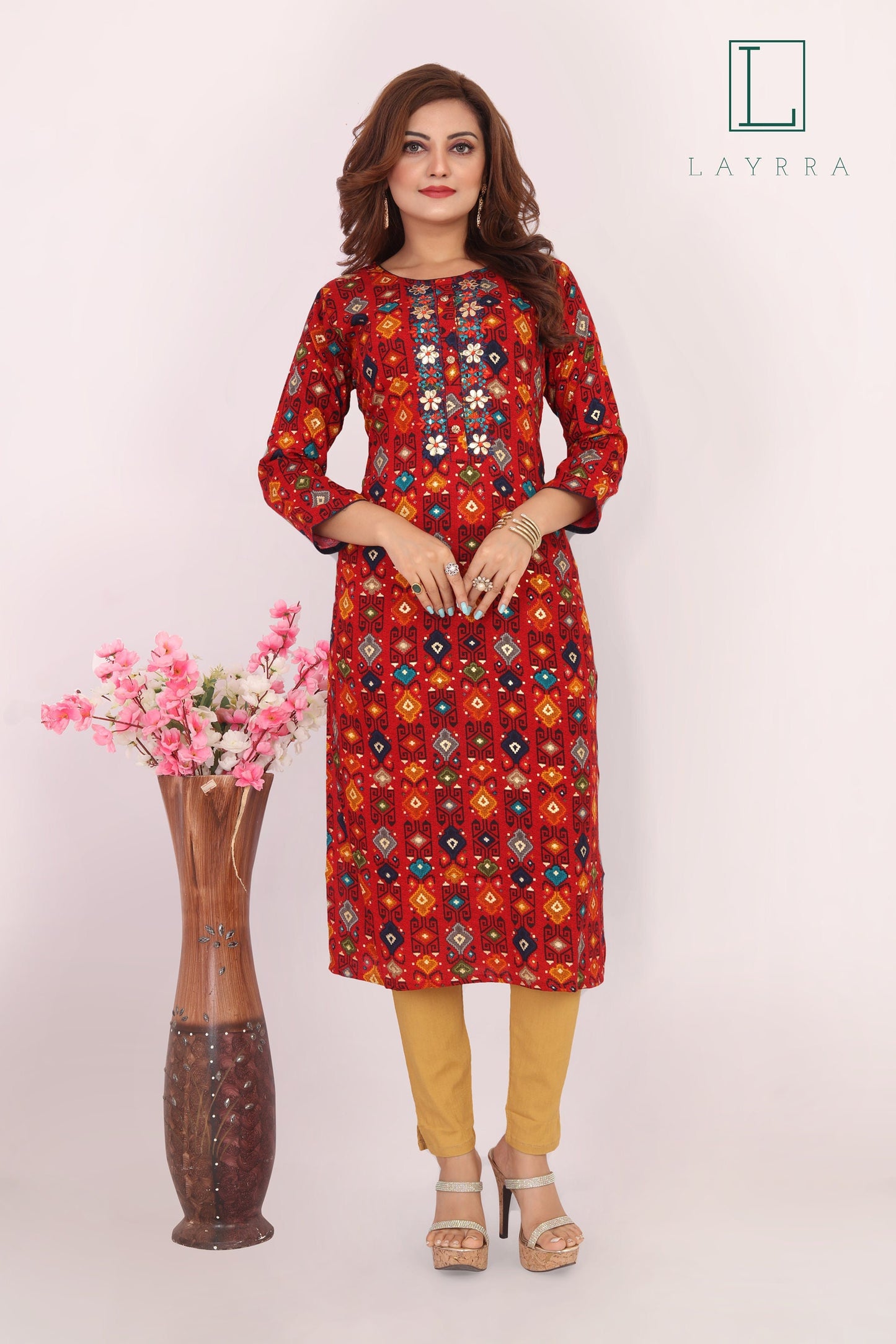 Women Red & Orange Motifs Print Floral Embroidered Kurta with Trousers