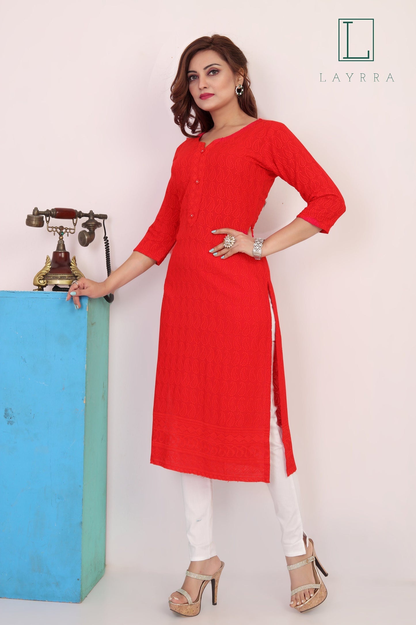 Women Red Ethnic Motifs Embroidered Kurta with Trousers