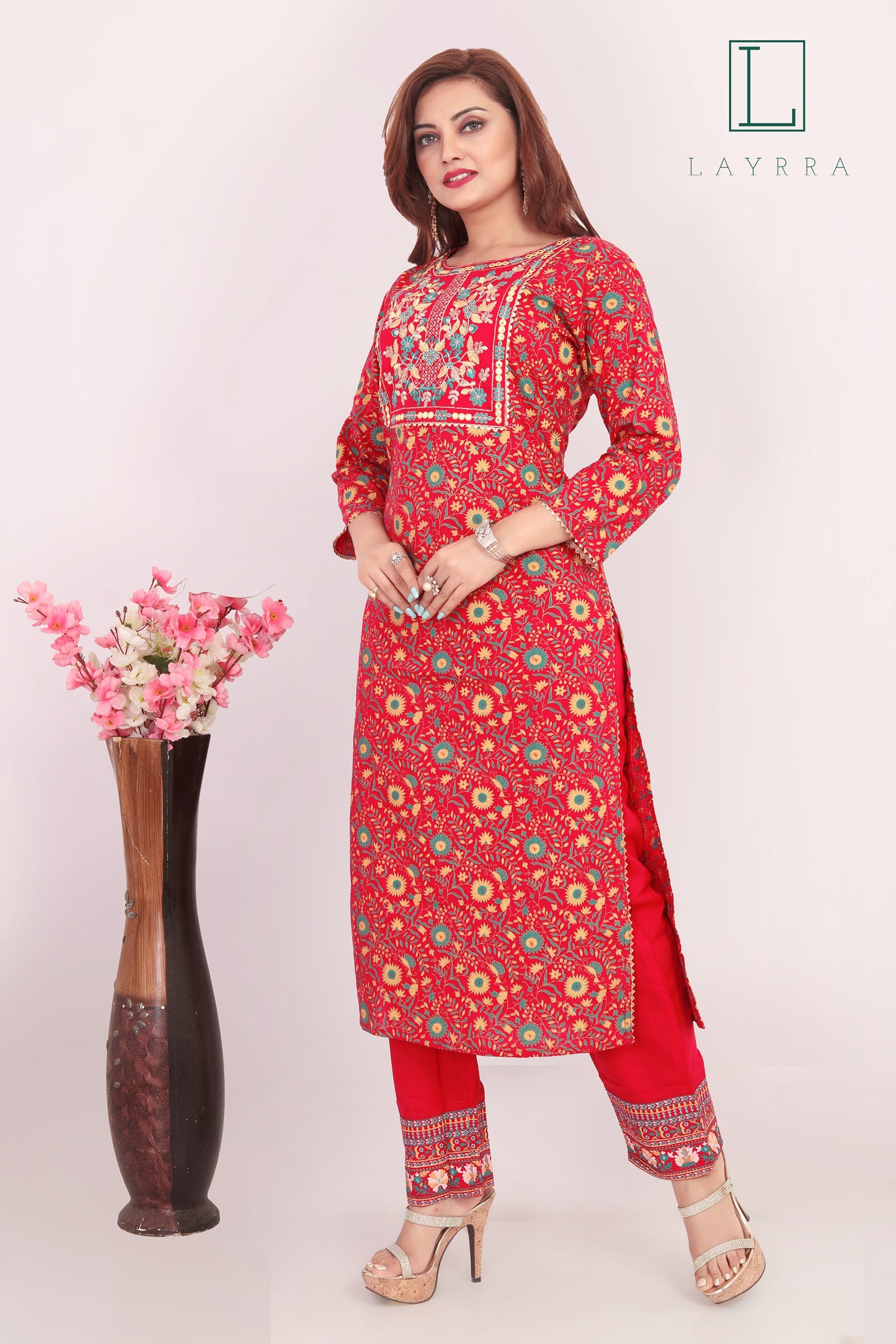 Women Pink Ethnic Floral Embroidered Kurta with Palazzos - Complete Set