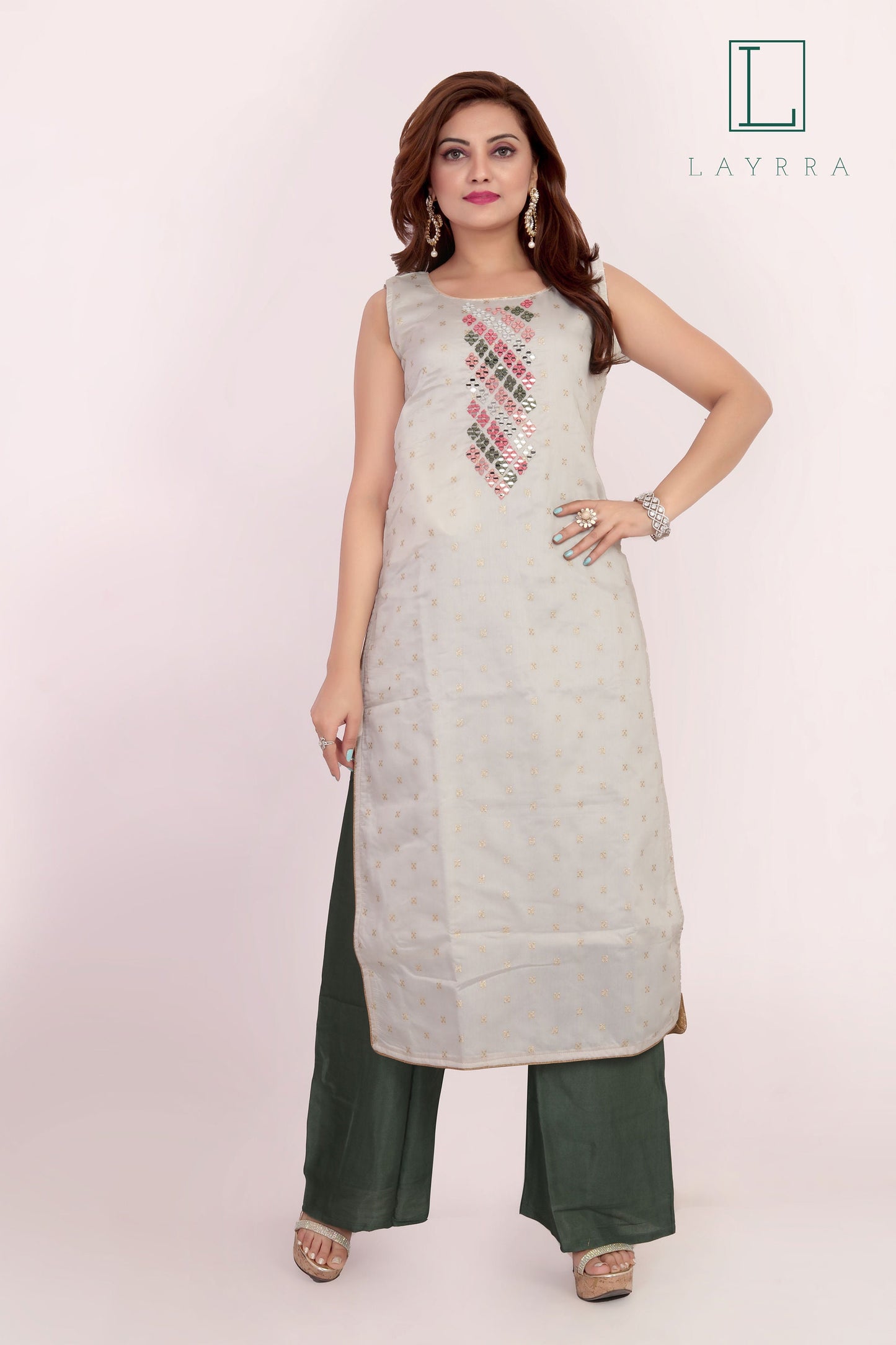 Women White Green Ethnic Diamond Mirror work Kurta with Palazzos & With Dupatta - Complete Set