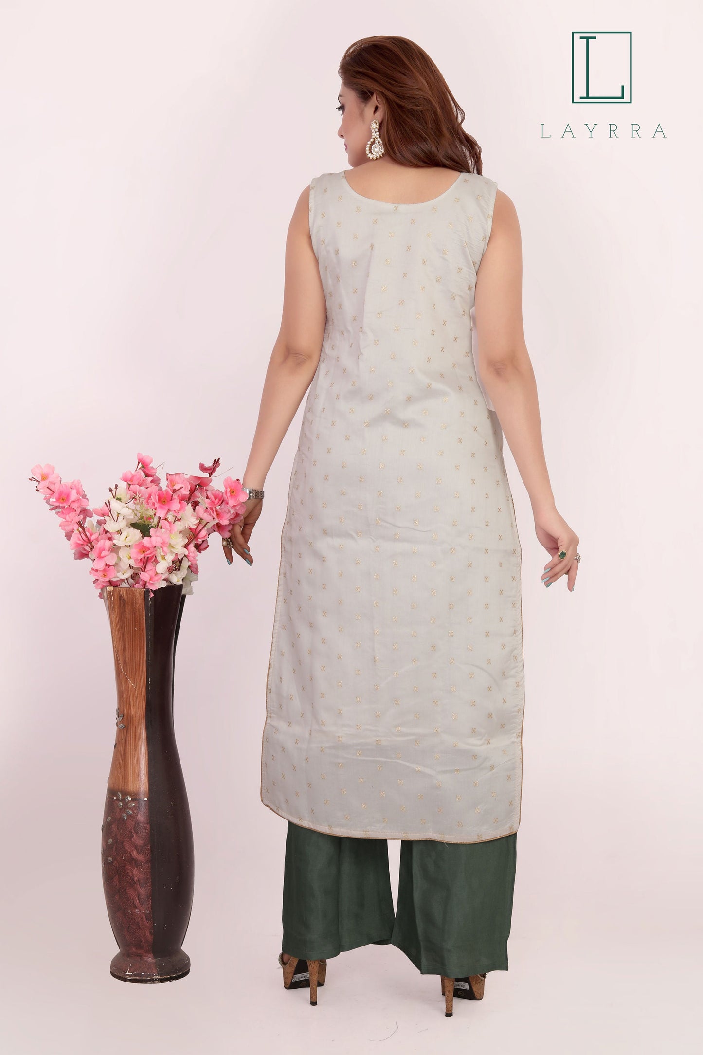 Women White Green Ethnic Diamond Mirror work Kurta with Palazzos & With Dupatta - Complete Set