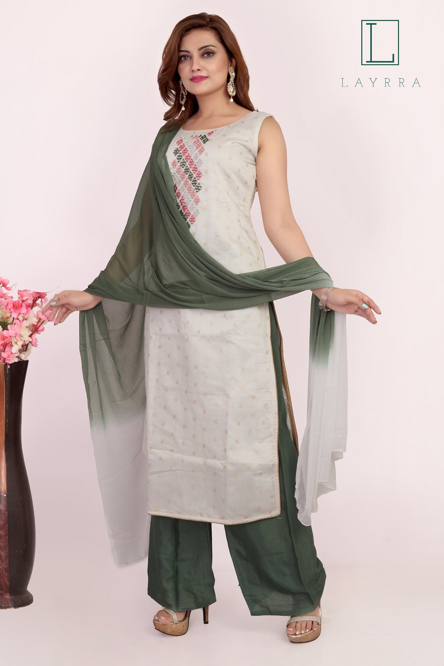 Women White Green Ethnic Diamond Mirror work Kurta with Palazzos & With Dupatta - Complete Set