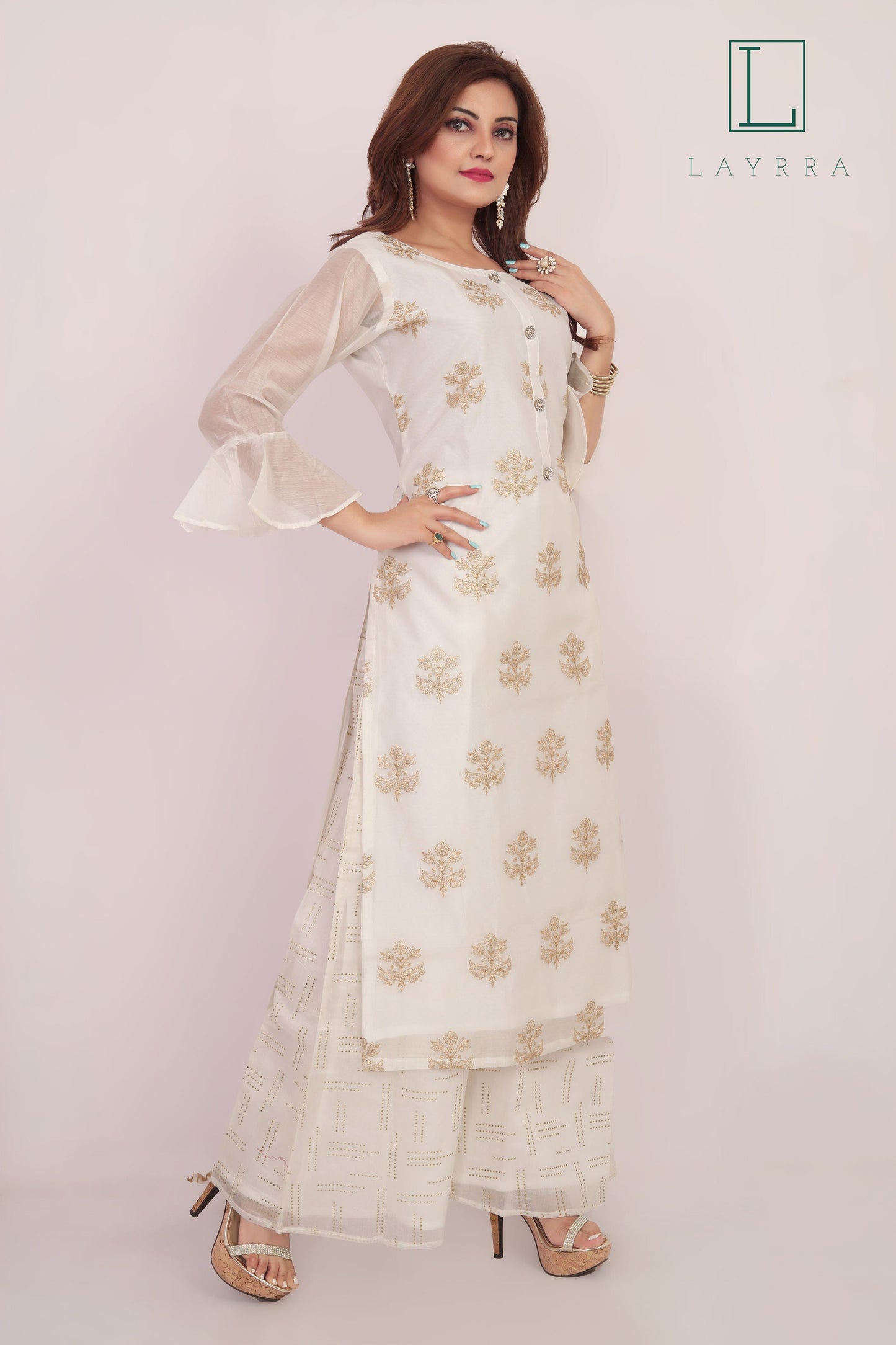 Women White Gold Ethnic Floral Embroidered Kurta with Palazzos & With Dupatta - Complete Set