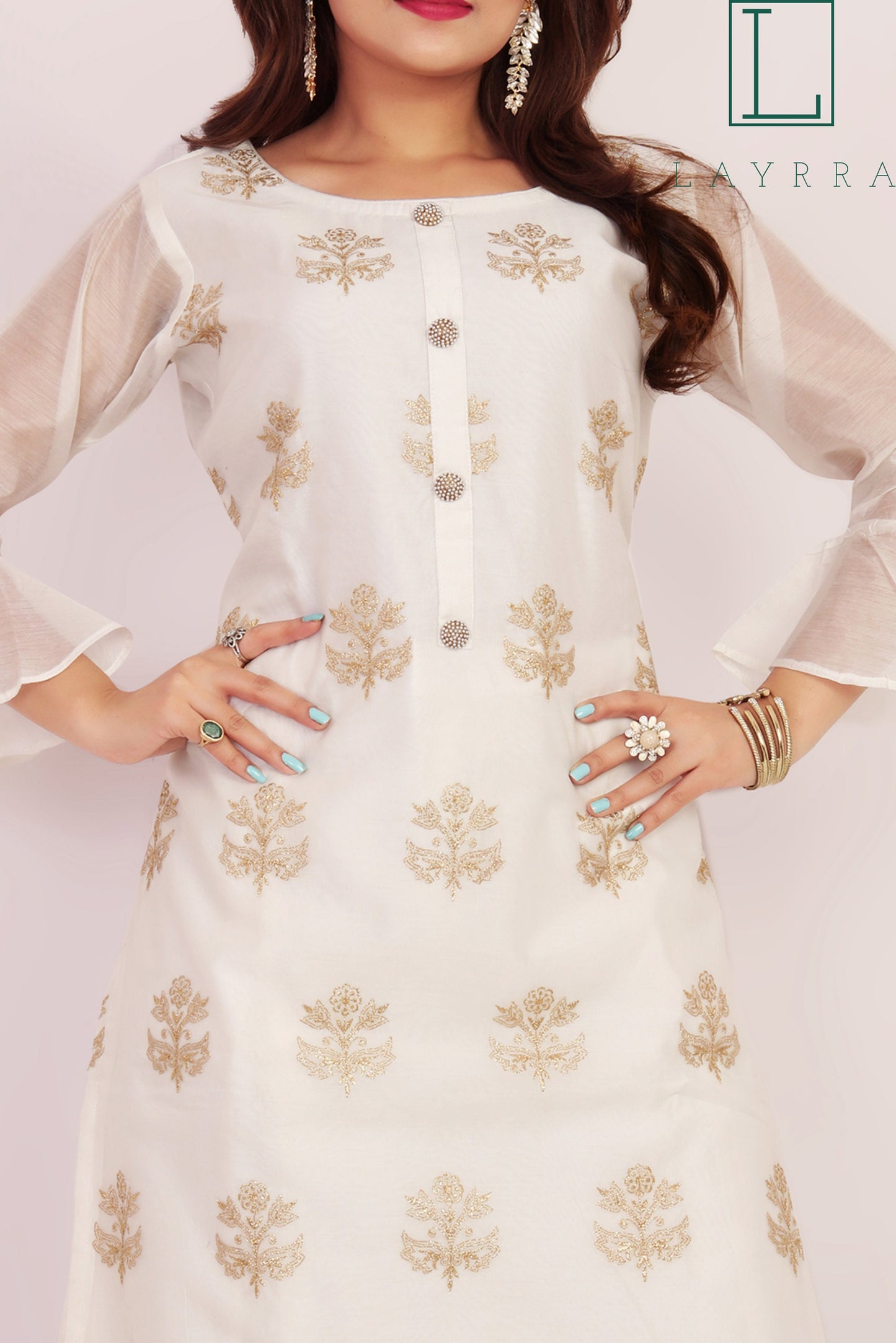 Women White Gold Ethnic Floral Embroidered Kurta with Palazzos & With Dupatta - Complete Set