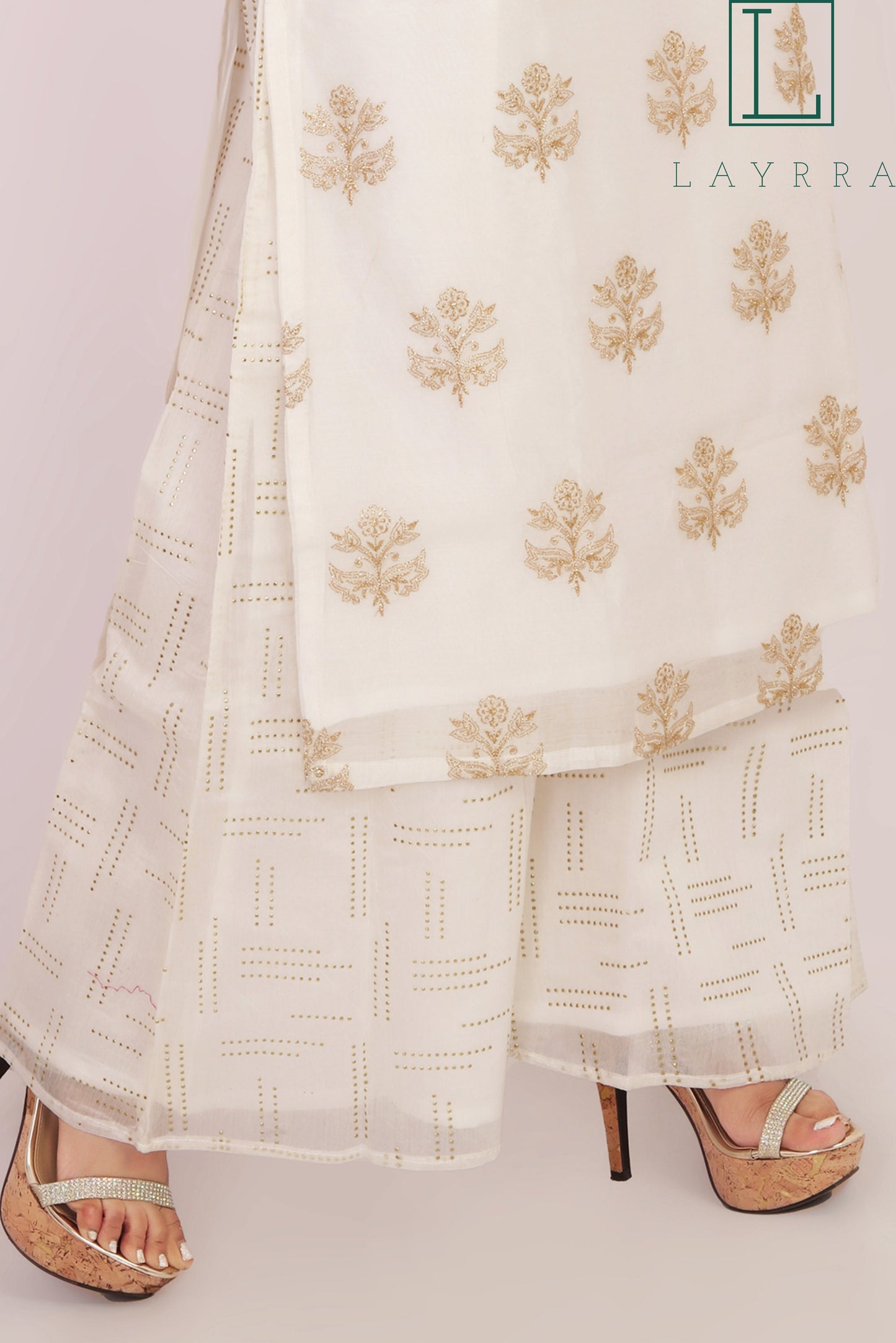 Women White Gold Ethnic Floral Embroidered Kurta with Palazzos & With Dupatta - Complete Set