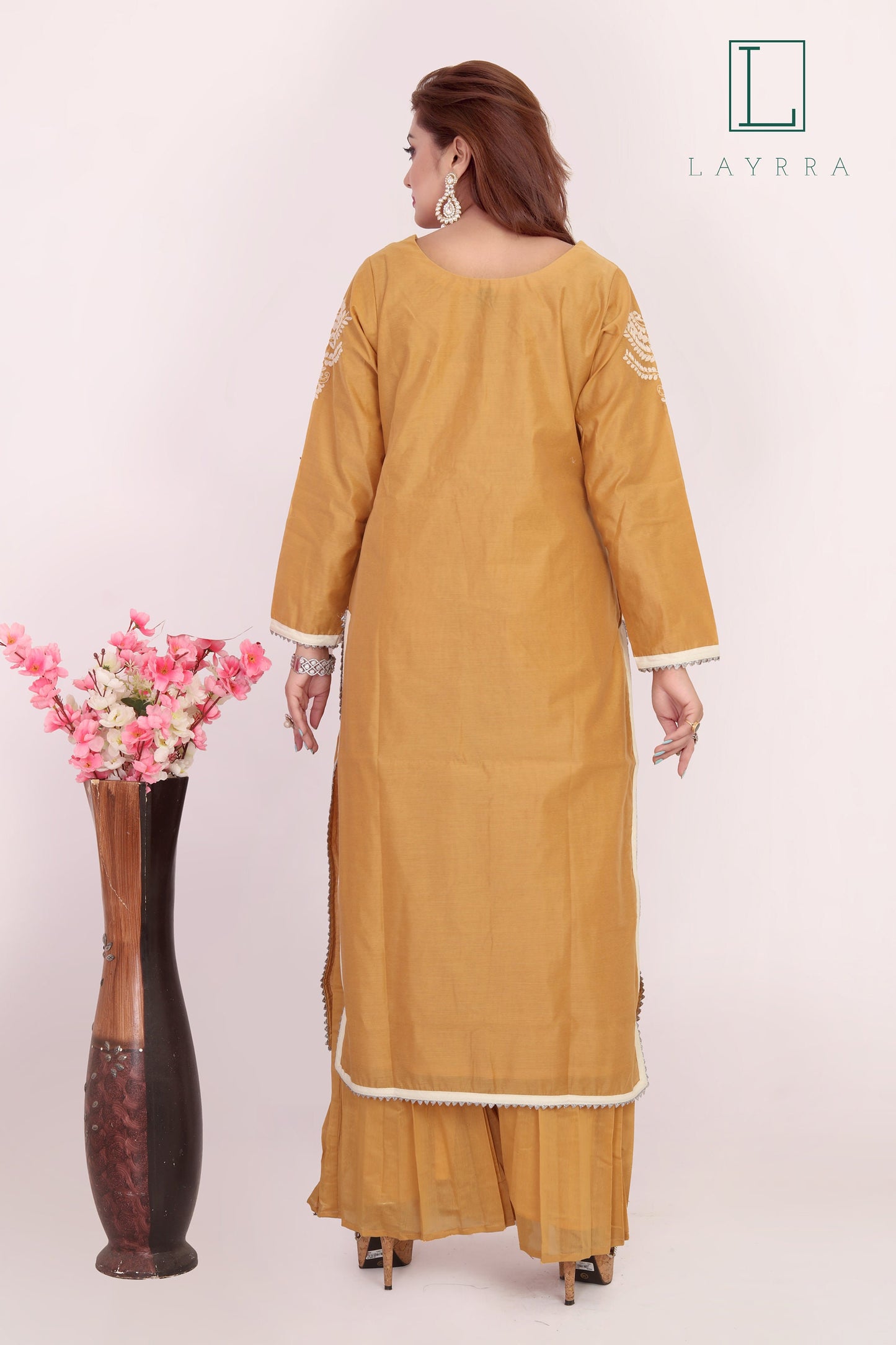Women Yellow Brown Ethnic Motifs Embroidered Kurta with Palazzos & With Dupatta - Complete Set