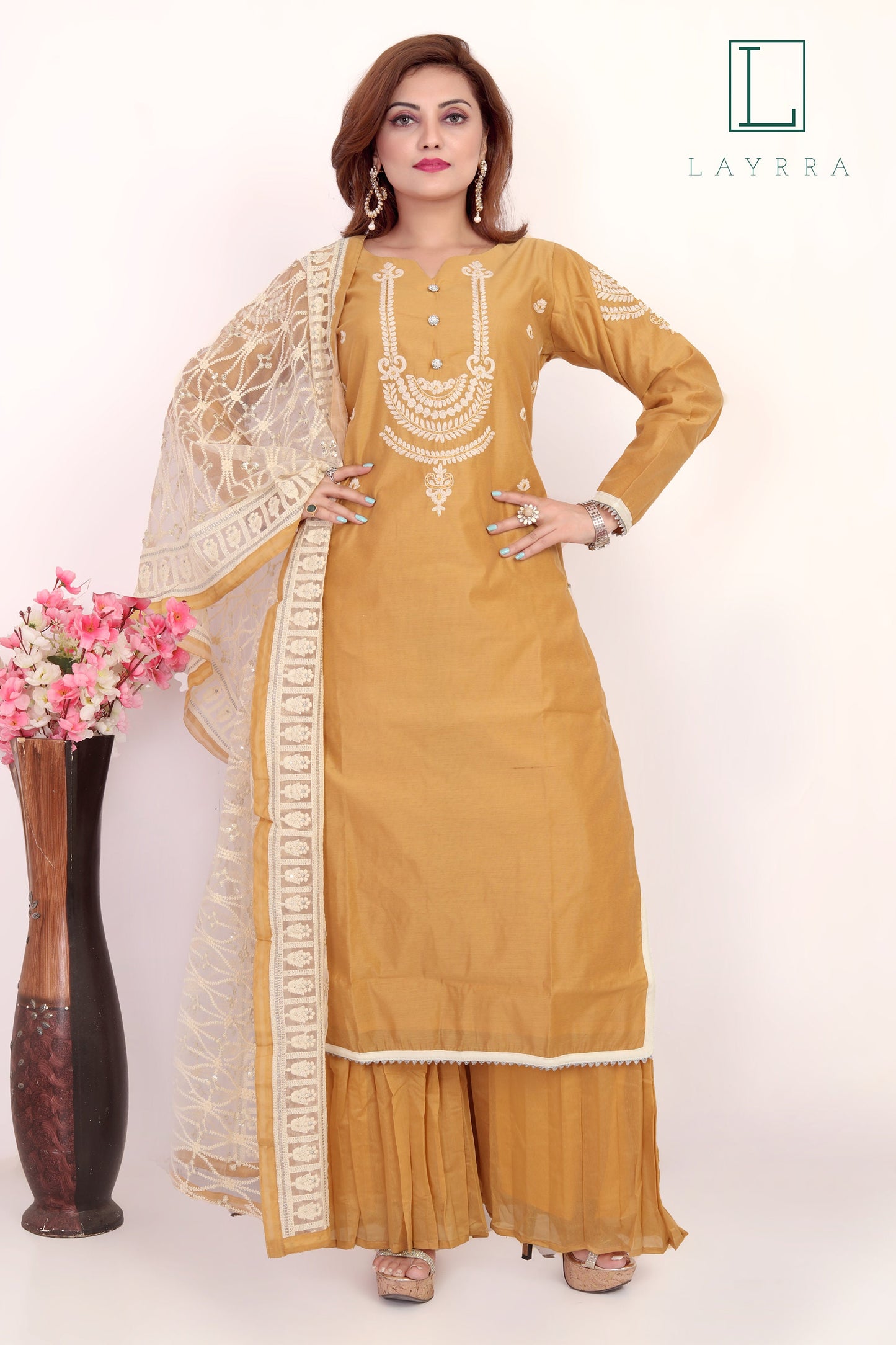 Women Yellow Brown Ethnic Motifs Embroidered Kurta with Palazzos & With Dupatta - Complete Set