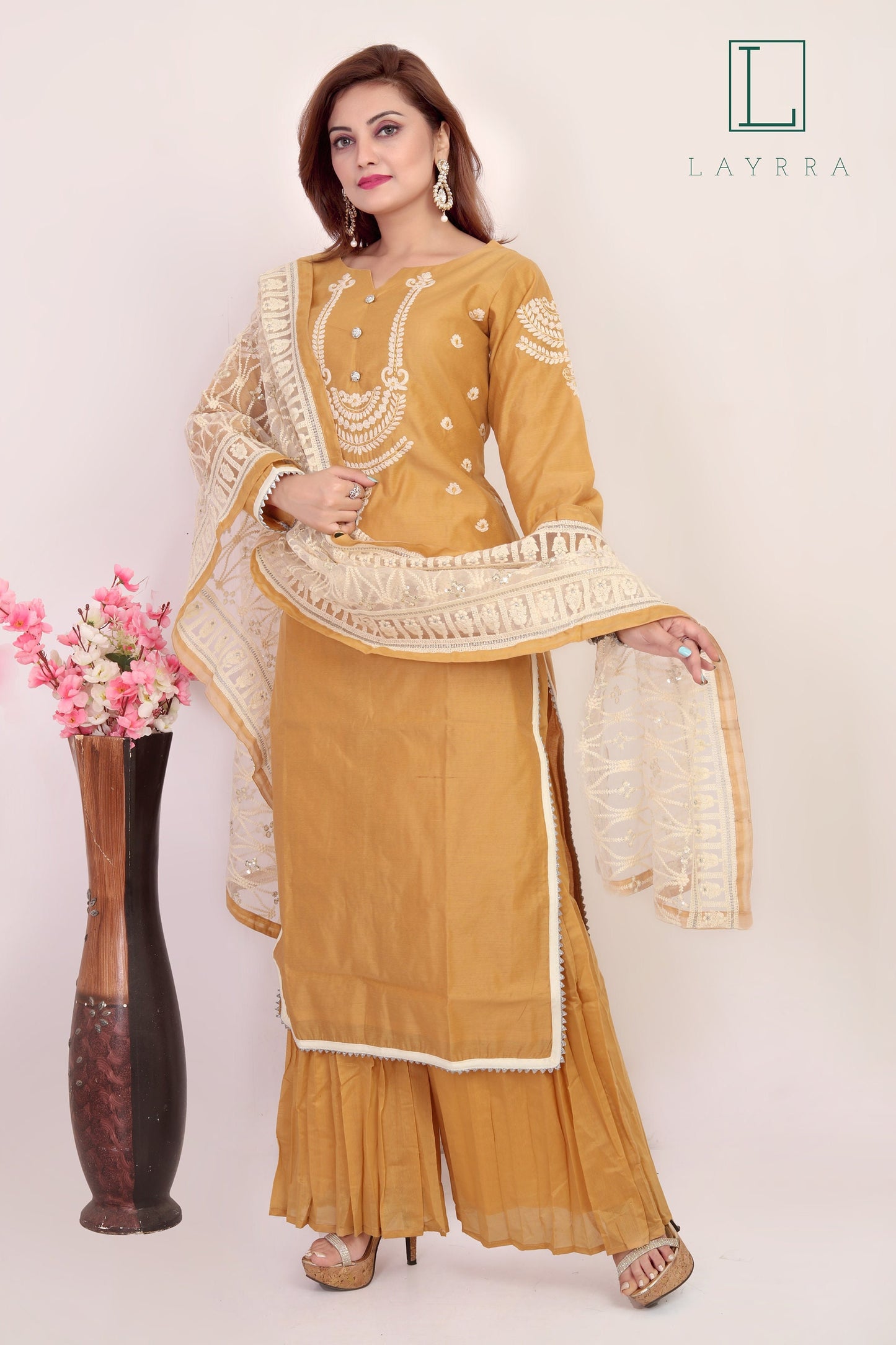 Women Yellow Brown Ethnic Motifs Embroidered Kurta with Palazzos & With Dupatta - Complete Set