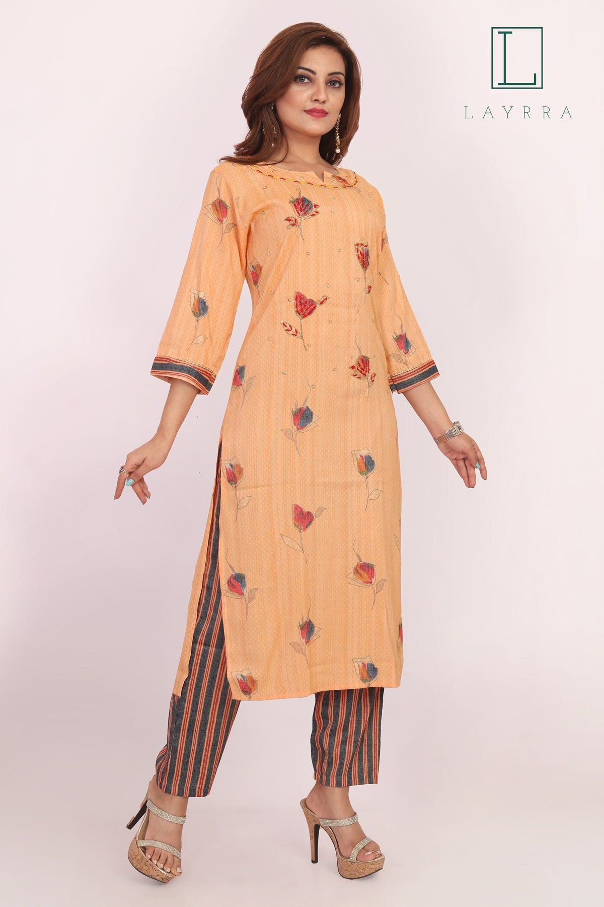 Women Peach Ethnic Floral Embroidered Hand Zari work Kurta with Pants - Complete Set