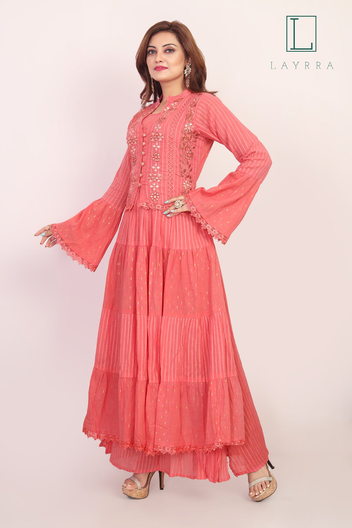 Women Pink Ethnic Koti Style Embroidered Anarkali Kurta - Complete Set