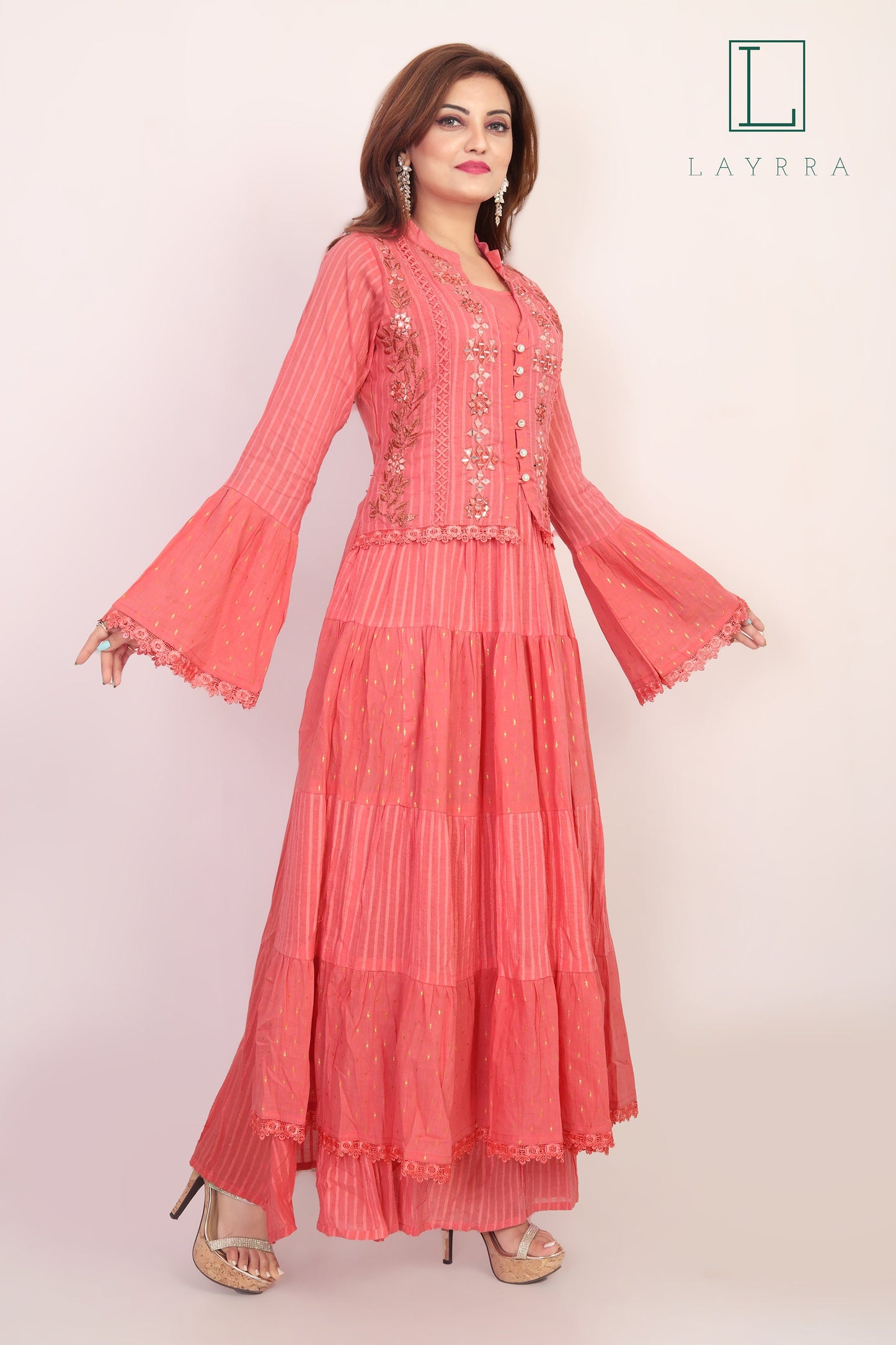 Women Pink Ethnic Koti Style Embroidered Anarkali Kurta - Complete Set