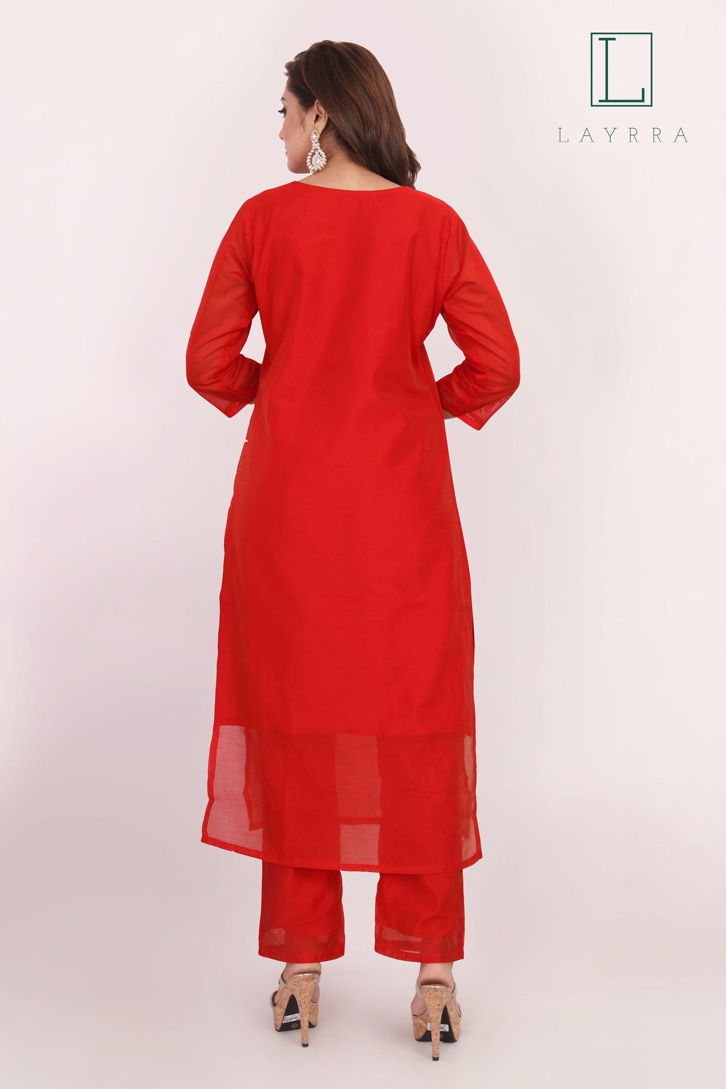 Women Red Ethnic Floral Embroidered Kurta with Red Pants - Complete Set