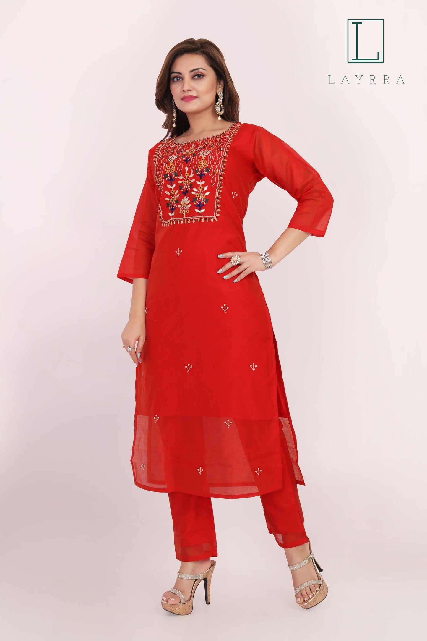 Women Red Ethnic Floral Embroidered Kurta with Red Pants - Complete Set