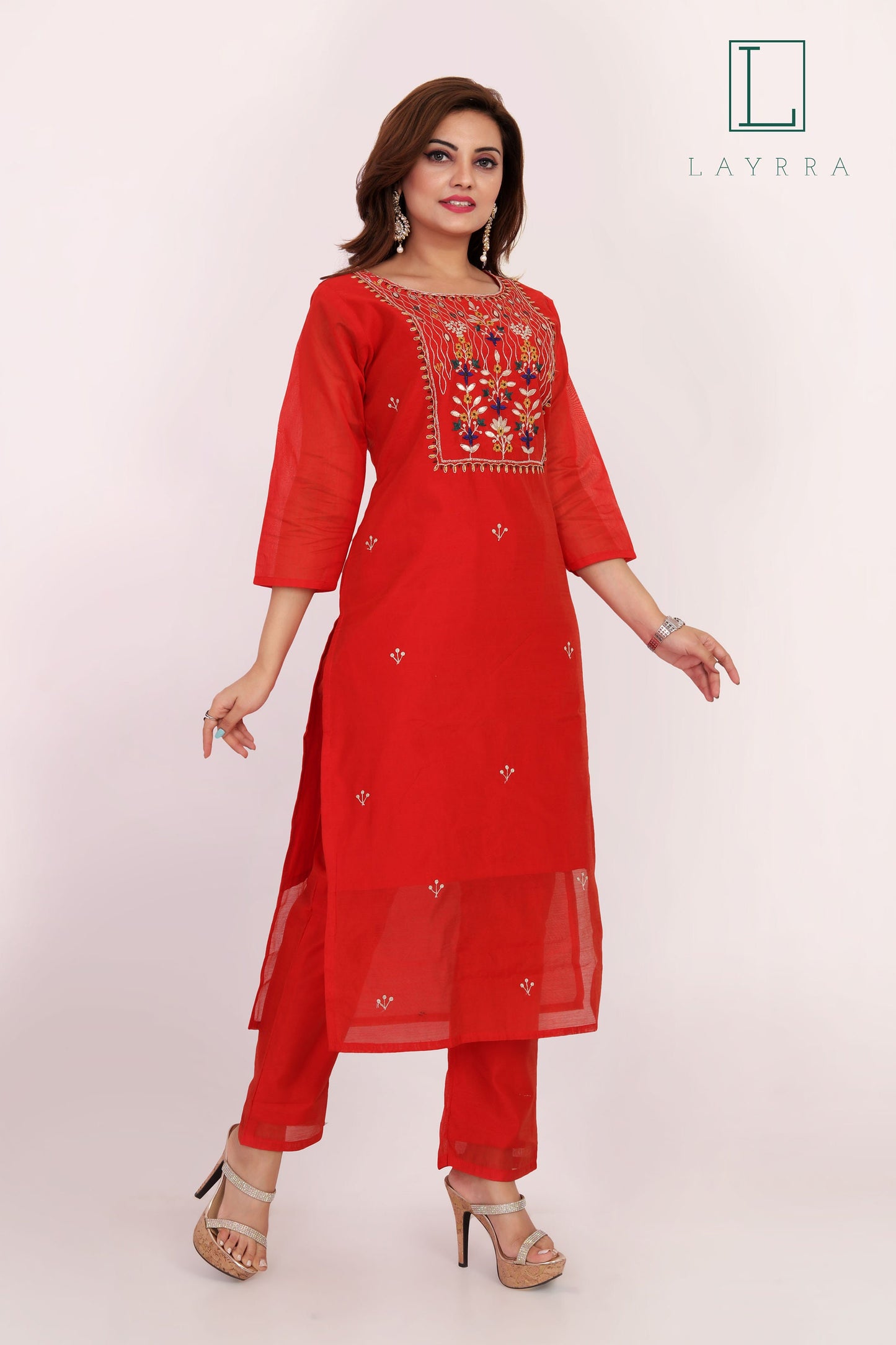 Women Red Ethnic Floral Embroidered Kurta with Red Pants - Complete Set